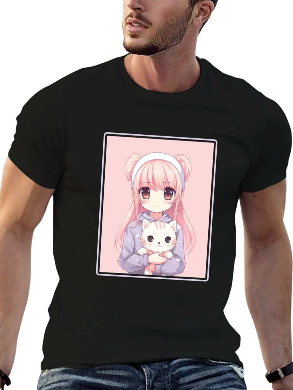 Anime Girl and Cat Graphic Black T-Shirt