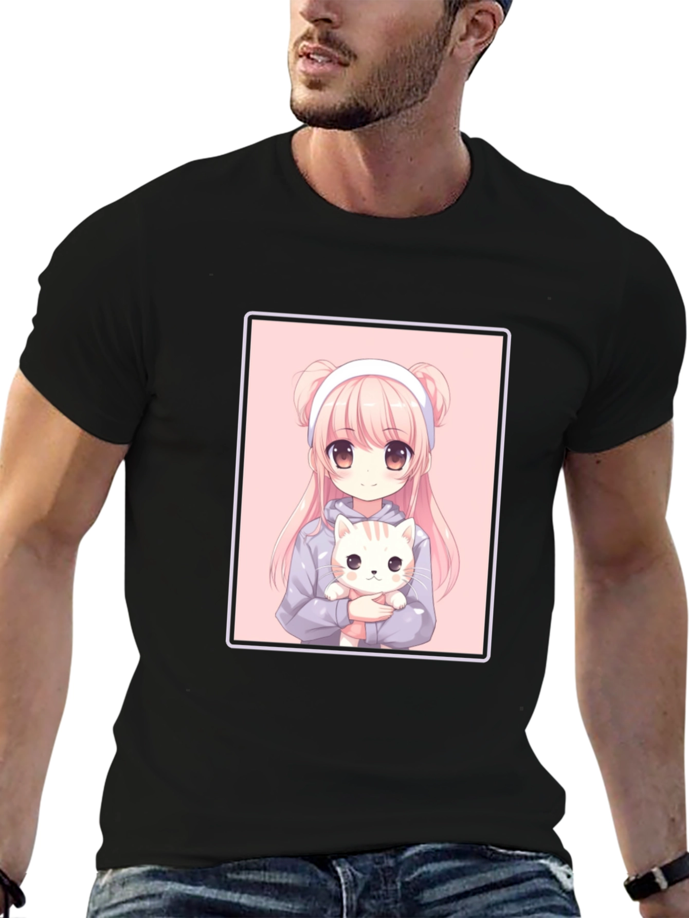 Anime Girl and Cat Graphic Black T-Shirt