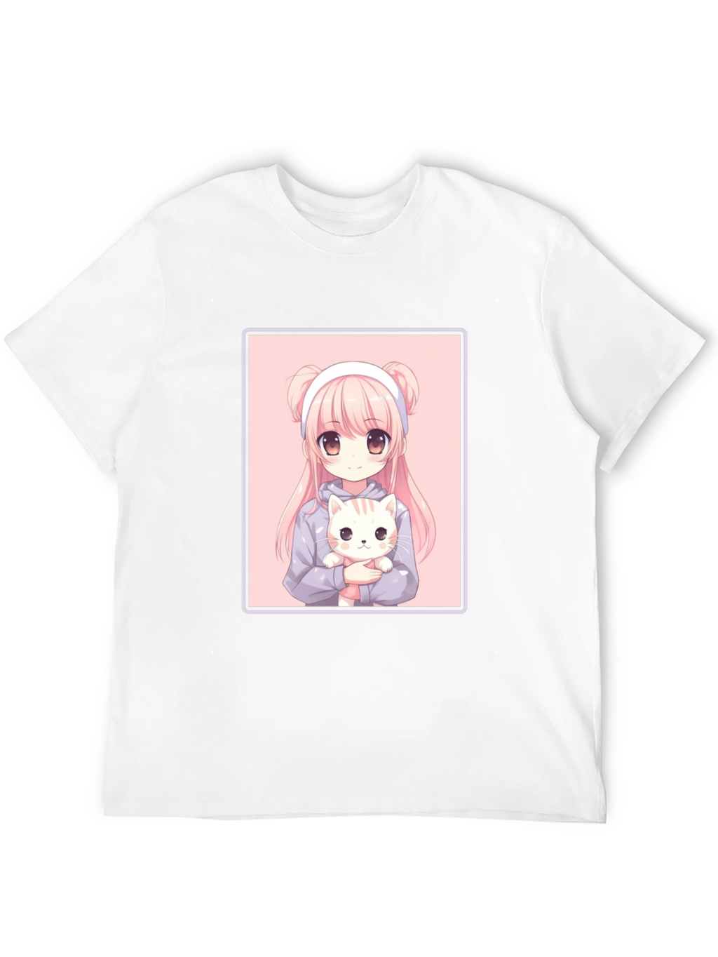 Anime Girl and Cat Graphic Black T-Shirt