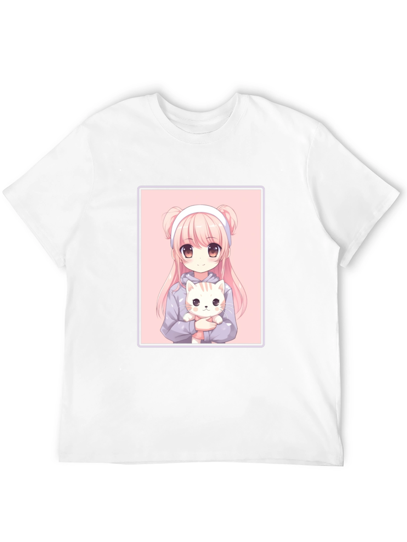 Anime Girl and Cat Graphic Black T-Shirt