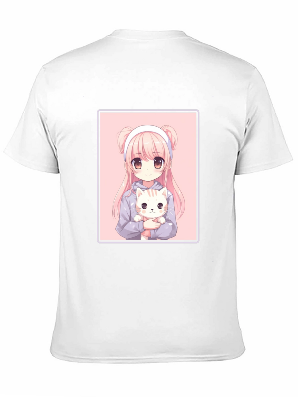 Anime Girl and Cat Graphic Black T-Shirt