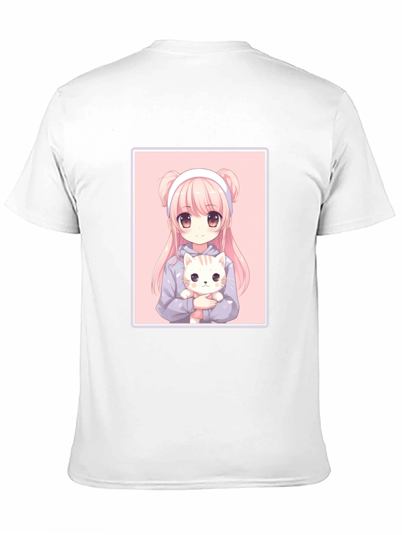 Anime Girl and Cat Graphic Black T-Shirt