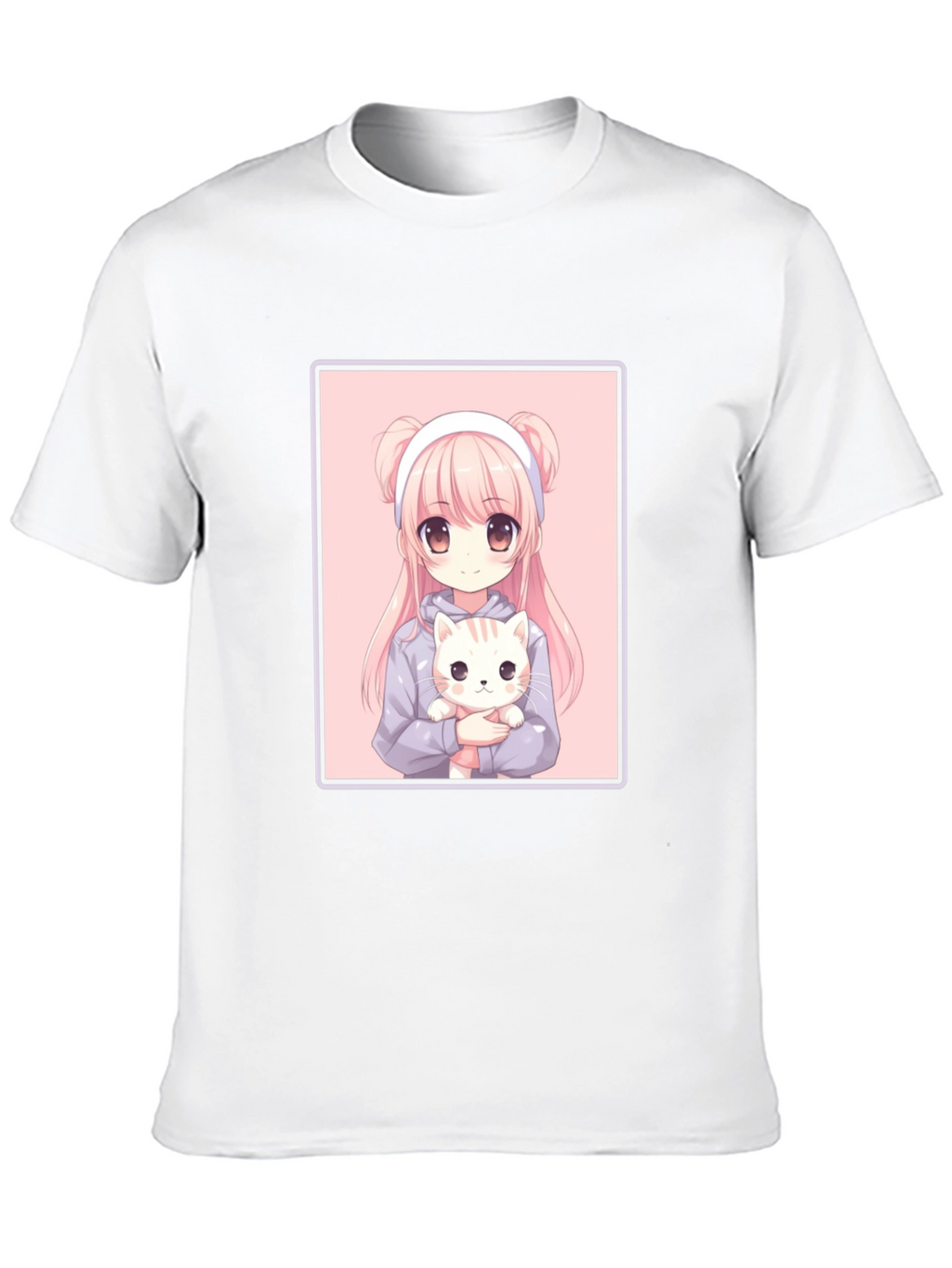 Anime Girl and Cat Graphic Black T-Shirt
