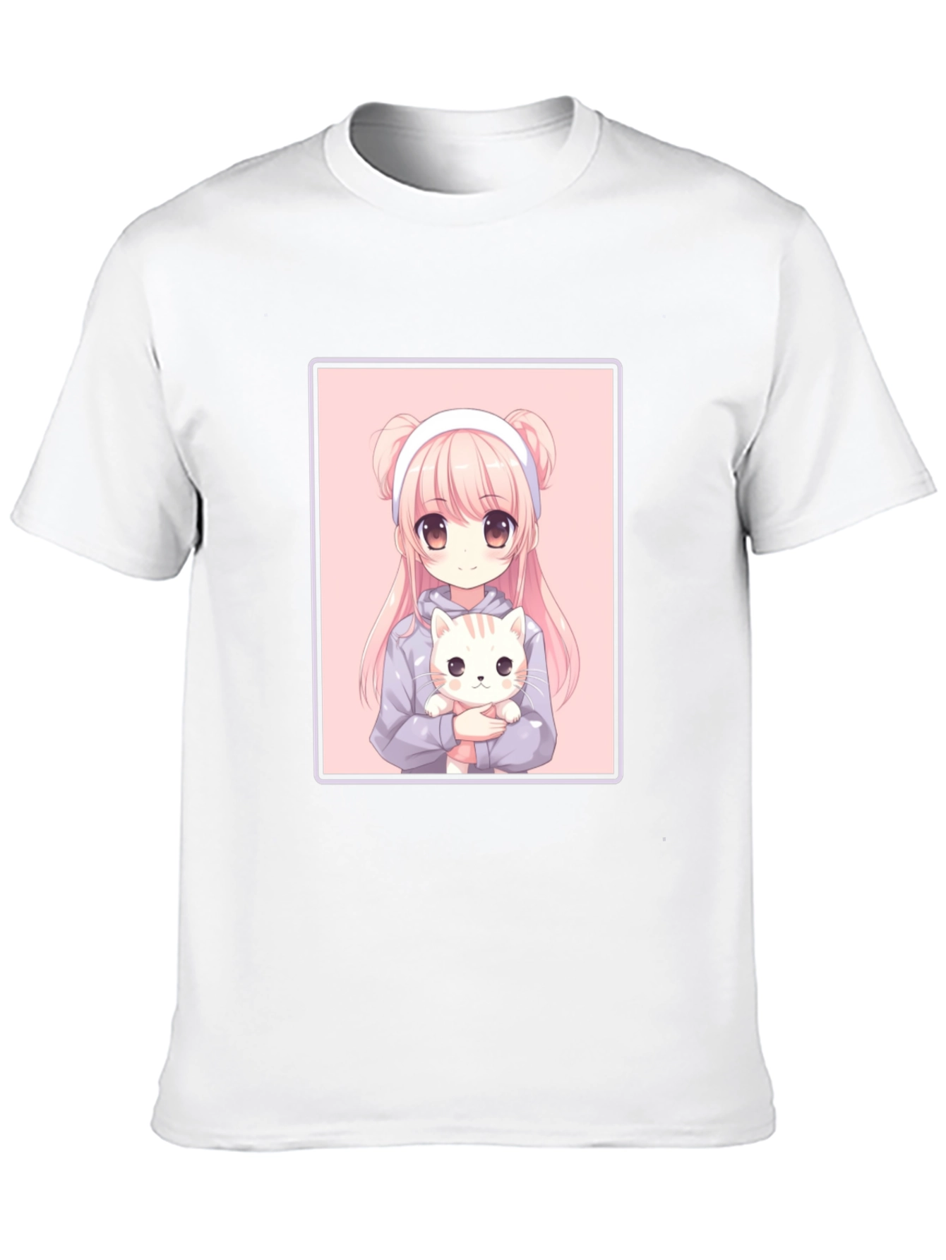 Anime Girl and Cat Graphic Black T-Shirt