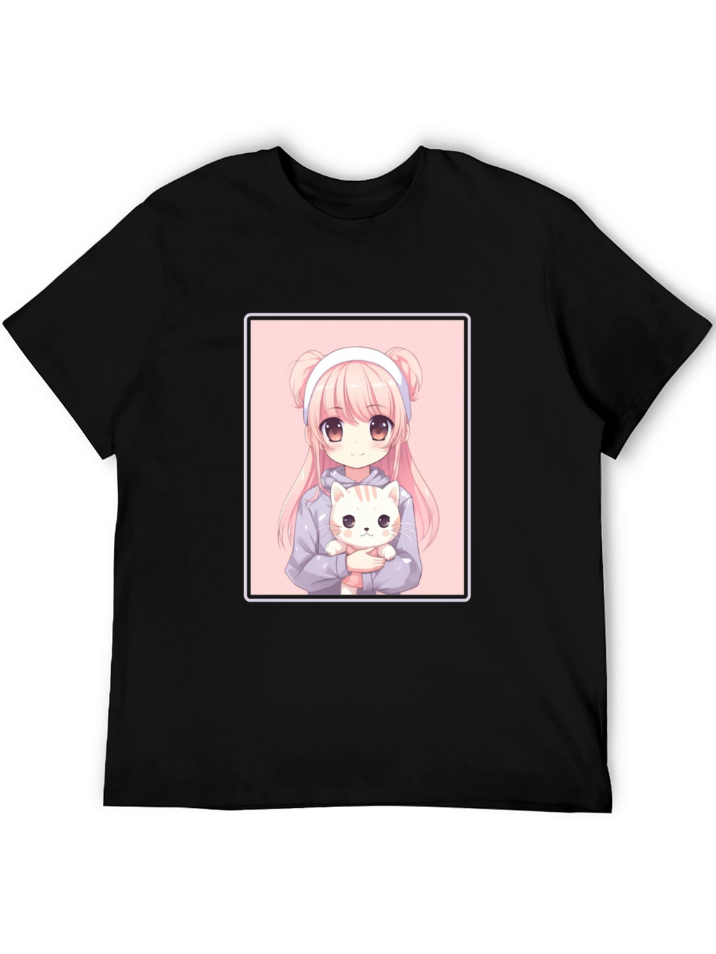 Anime Girl and Cat Graphic Black T-Shirt