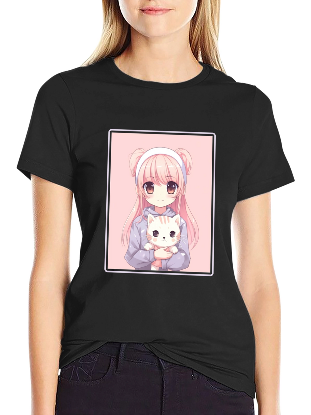 Anime Girl and Cat Graphic Black T-Shirt