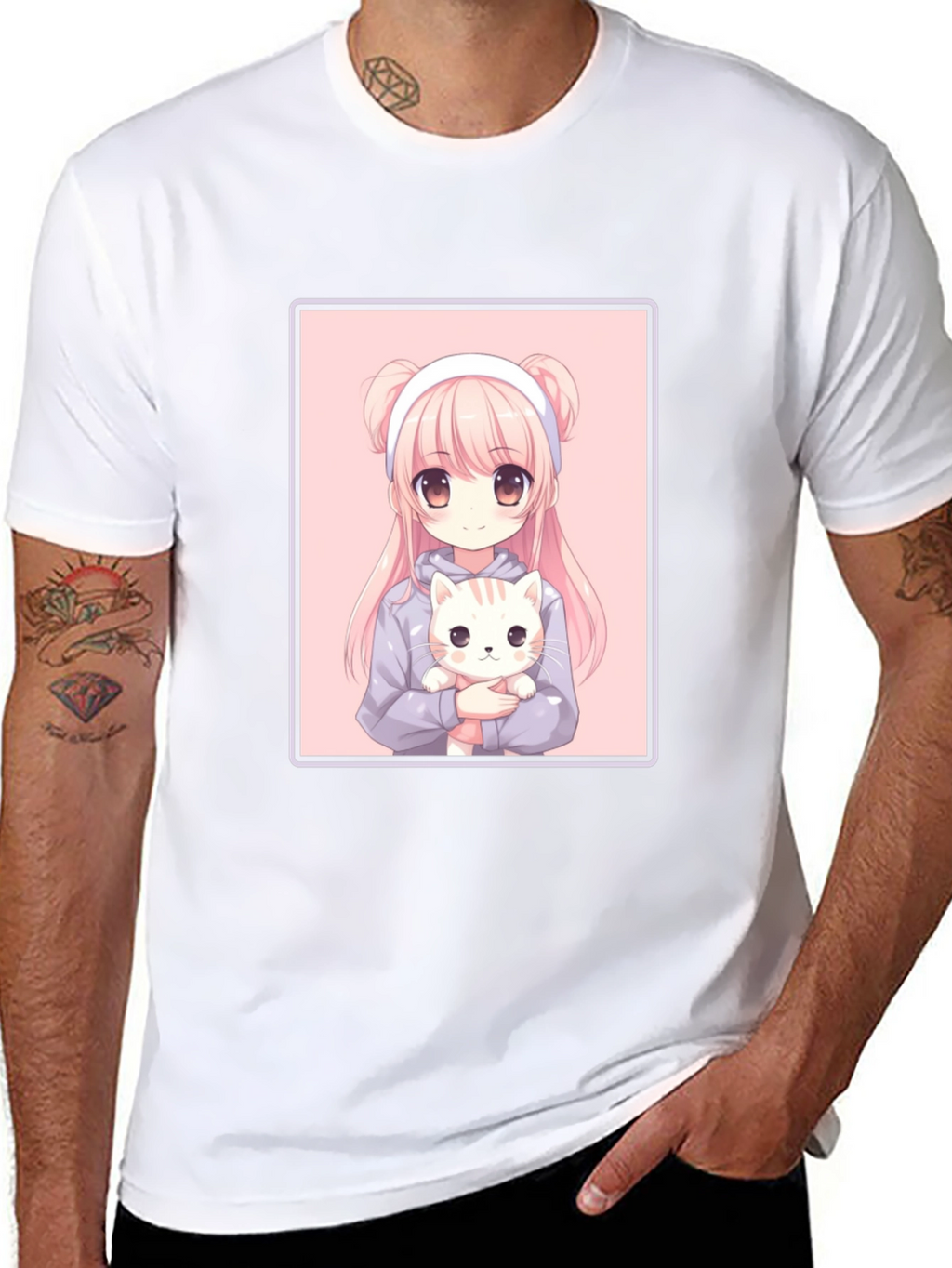 Anime Girl and Cat Graphic Black T-Shirt