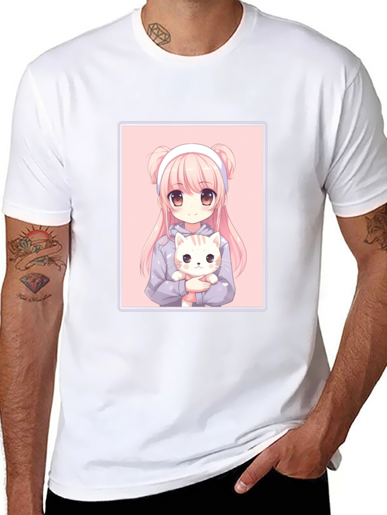 Anime Girl and Cat Graphic Black T-Shirt