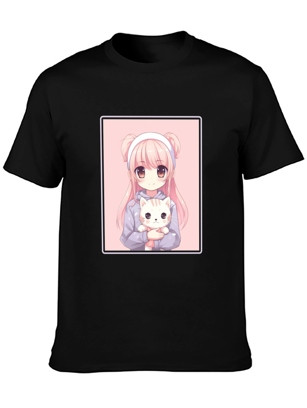 Anime Girl and Cat Graphic Black T-Shirt