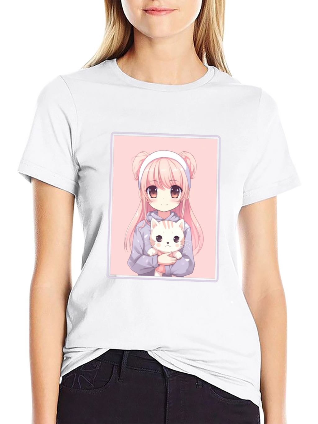 Anime Girl and Cat Graphic Black T-Shirt