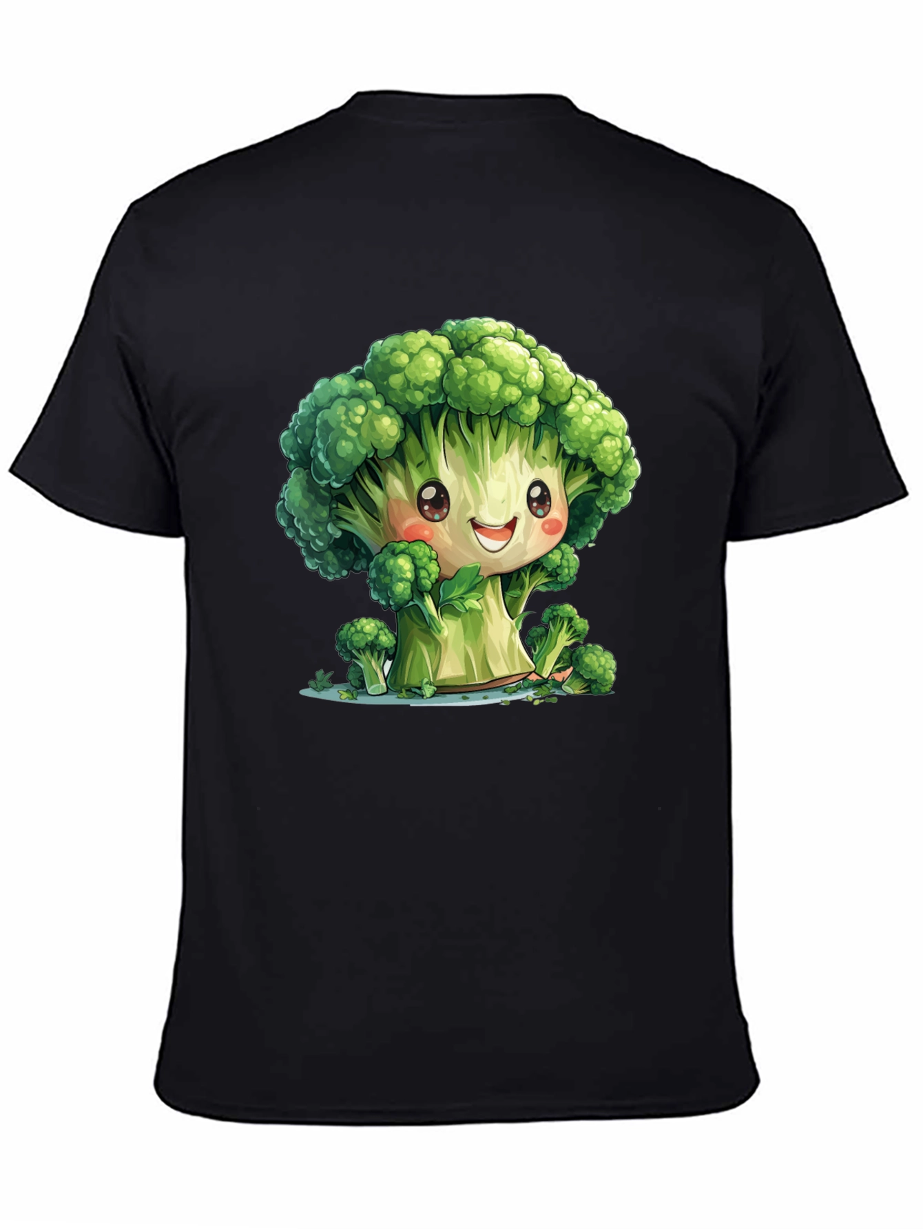 Cute Broccoli Cartoon Black T-Shirt