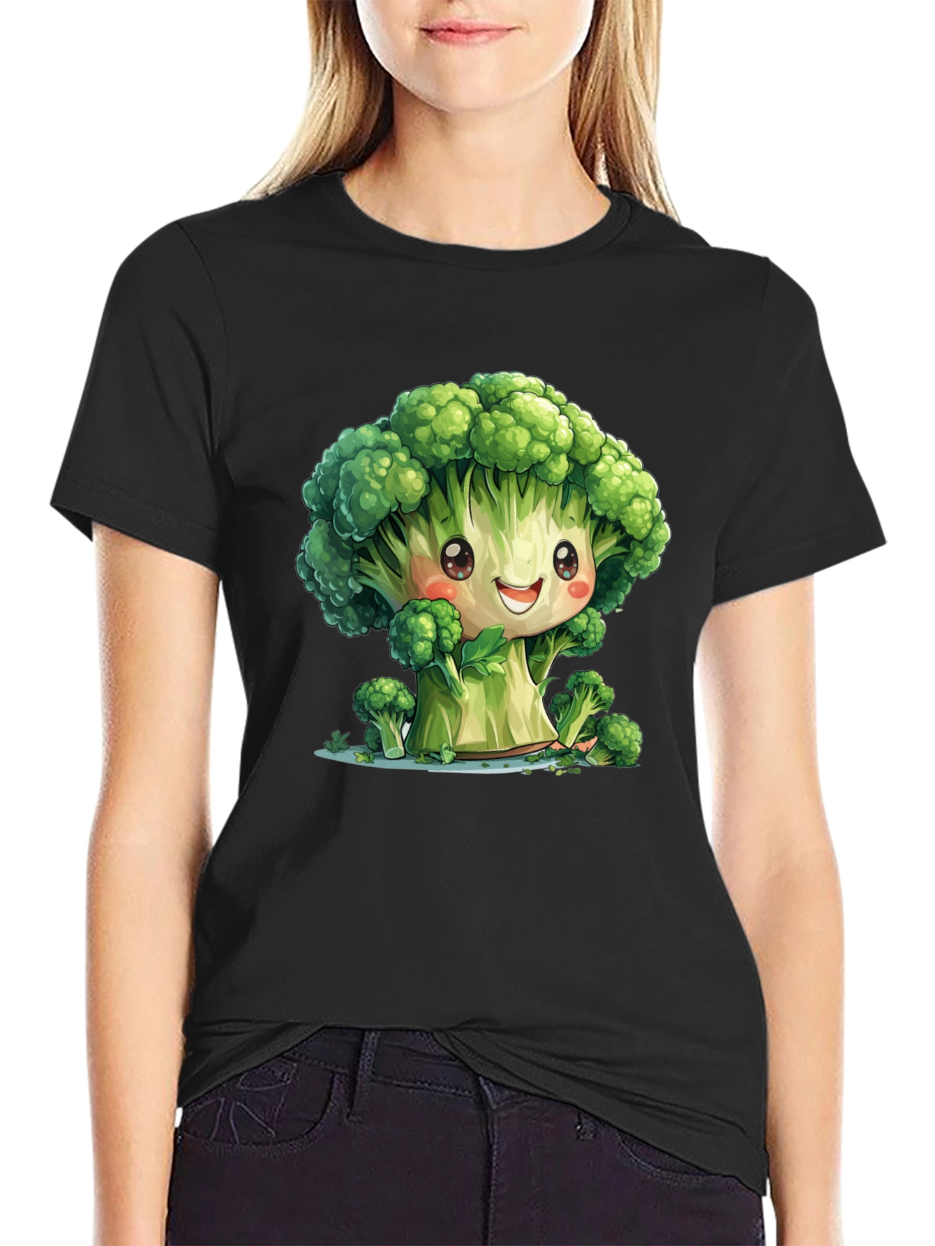 Cute Broccoli Cartoon Black T-Shirt