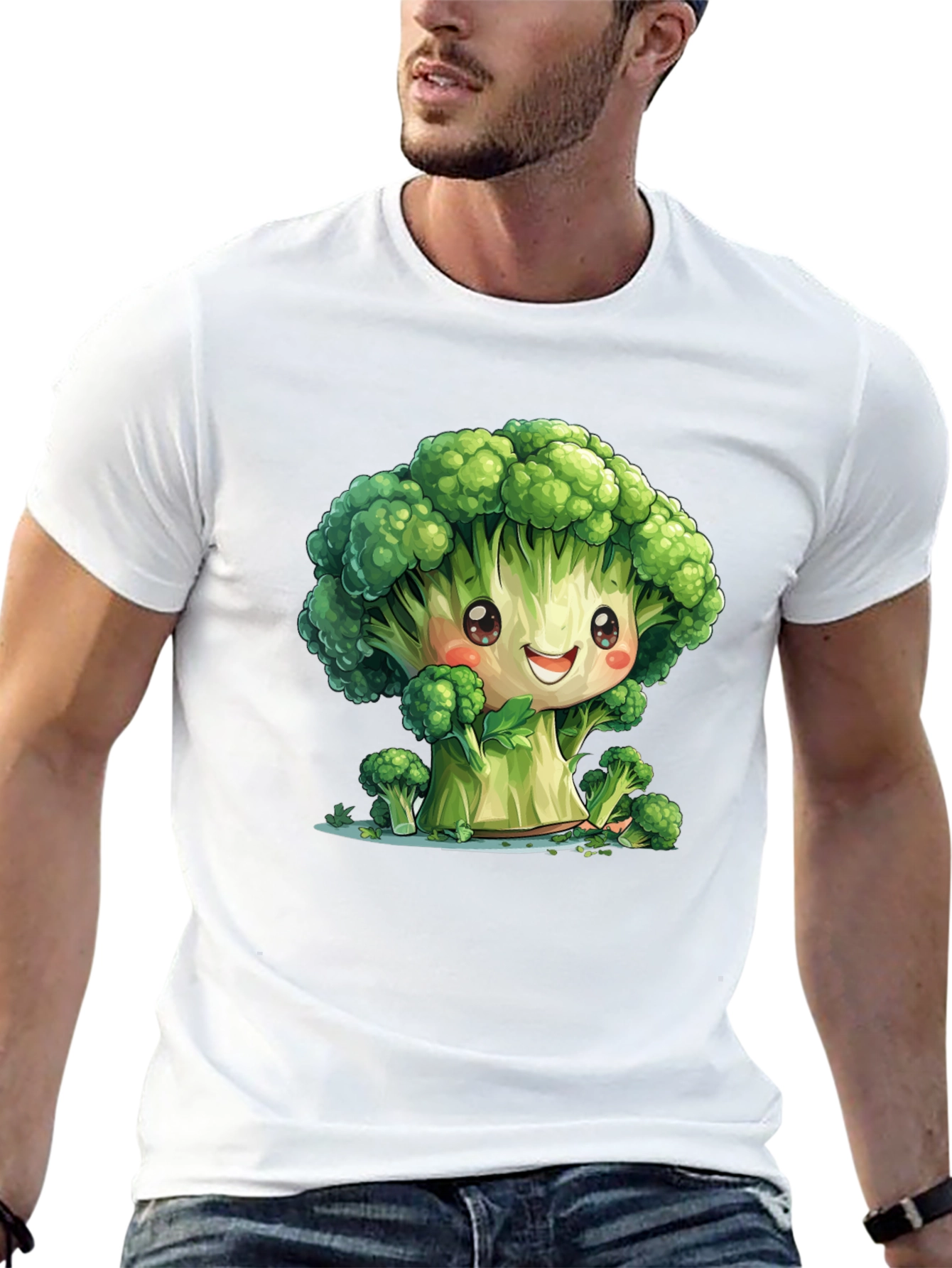 Cute Broccoli Cartoon Black T-Shirt