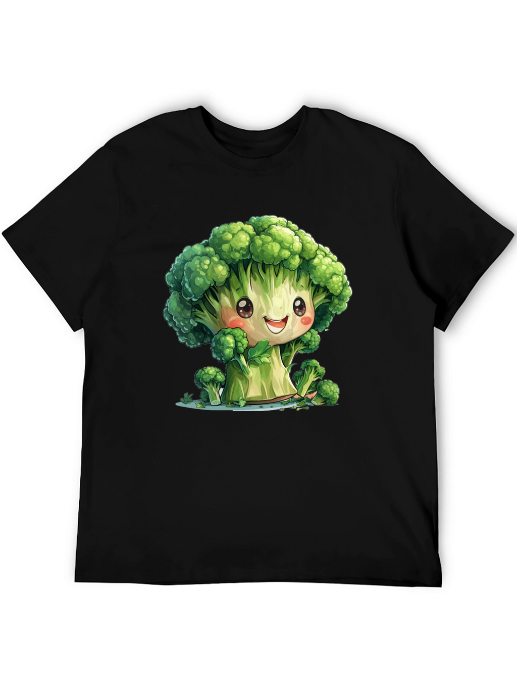Cute Broccoli Cartoon Black T-Shirt
