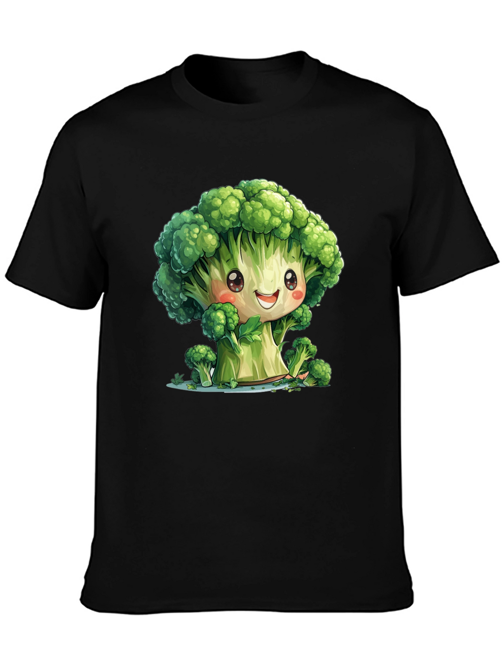 Cute Broccoli Cartoon Black T-Shirt