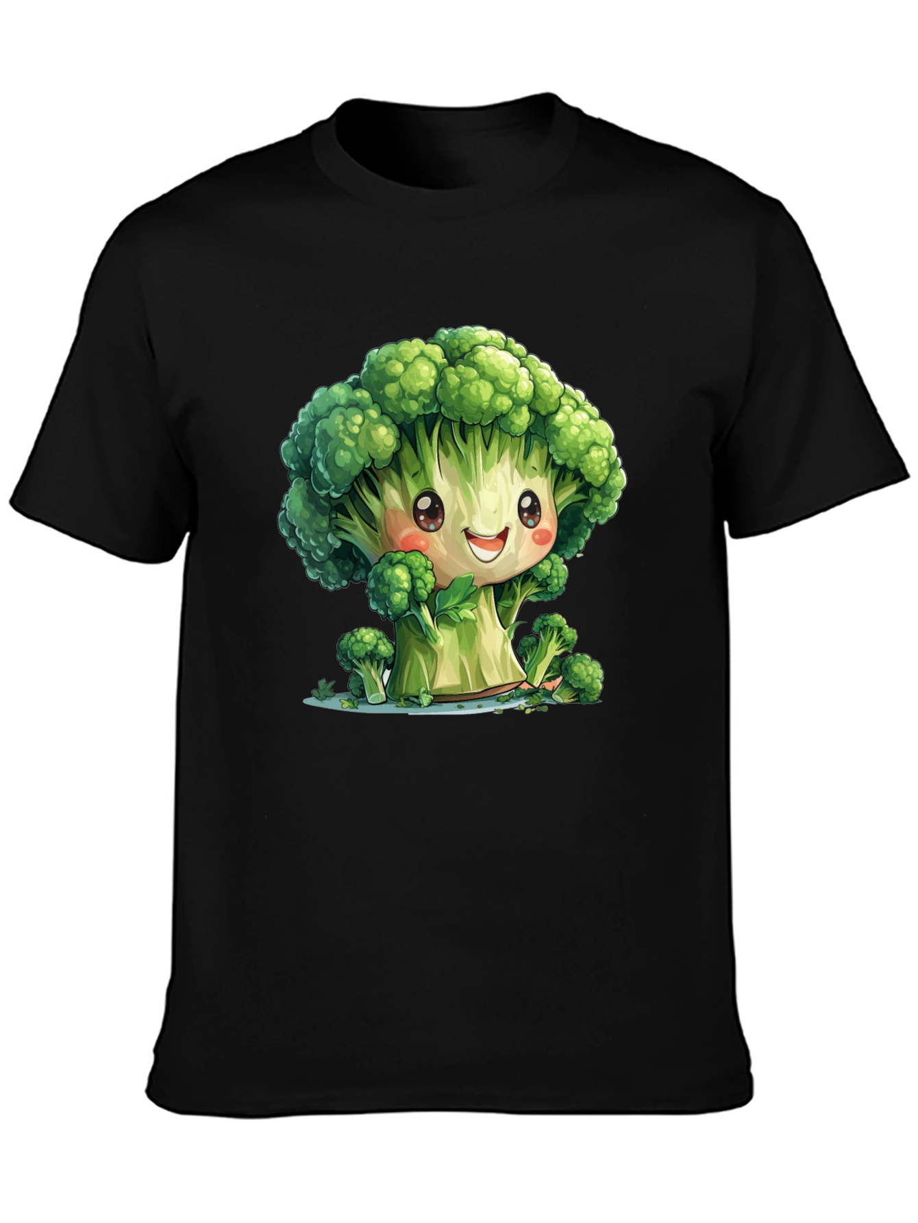 Cute Broccoli Cartoon Black T-Shirt