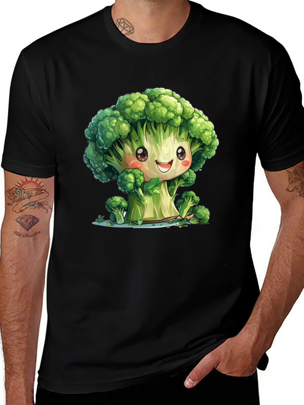 Cute Broccoli Cartoon Black T-Shirt