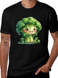 Cute Broccoli Cartoon Black T-Shirt