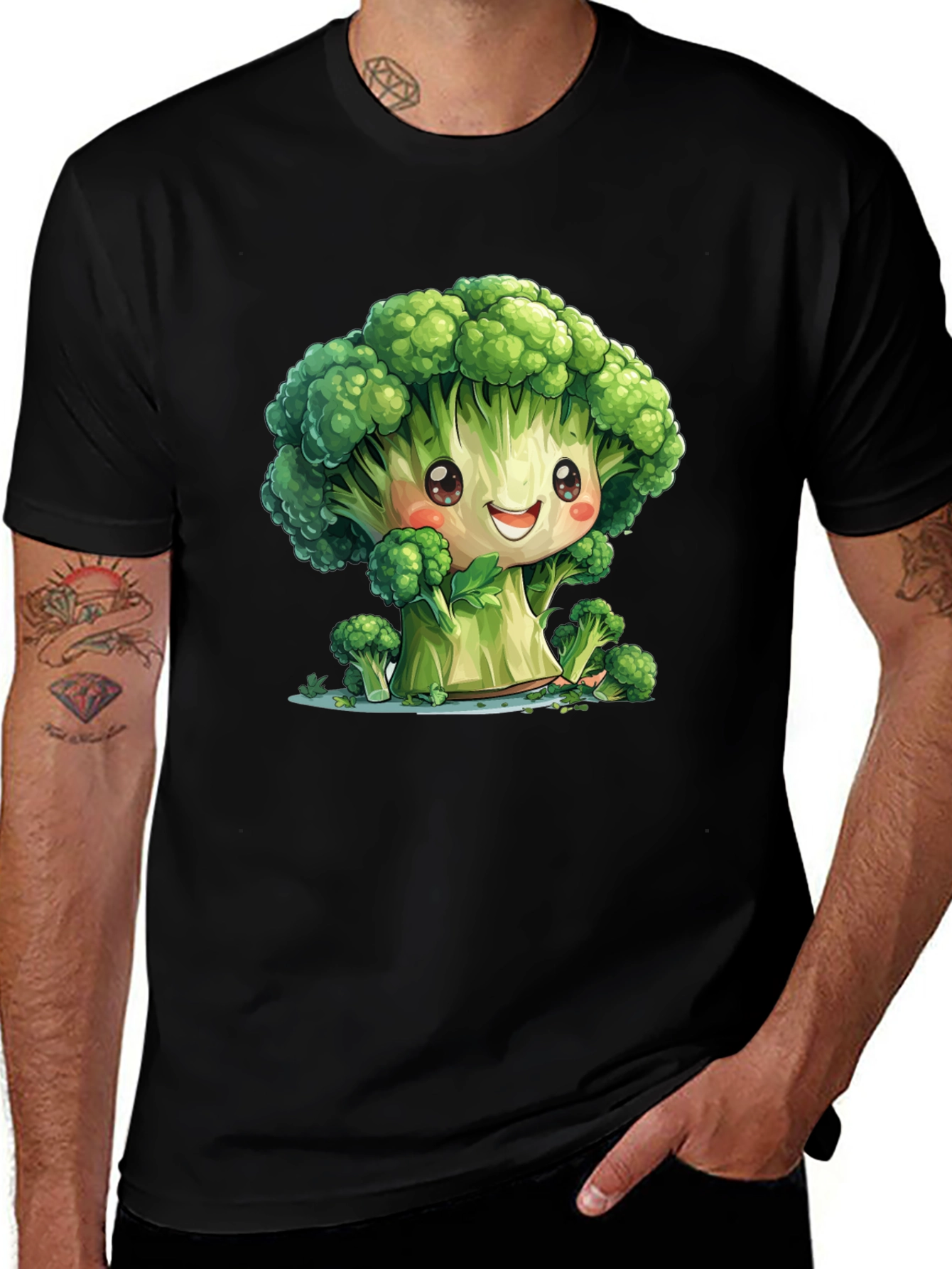 Cute Broccoli Cartoon Black T-Shirt