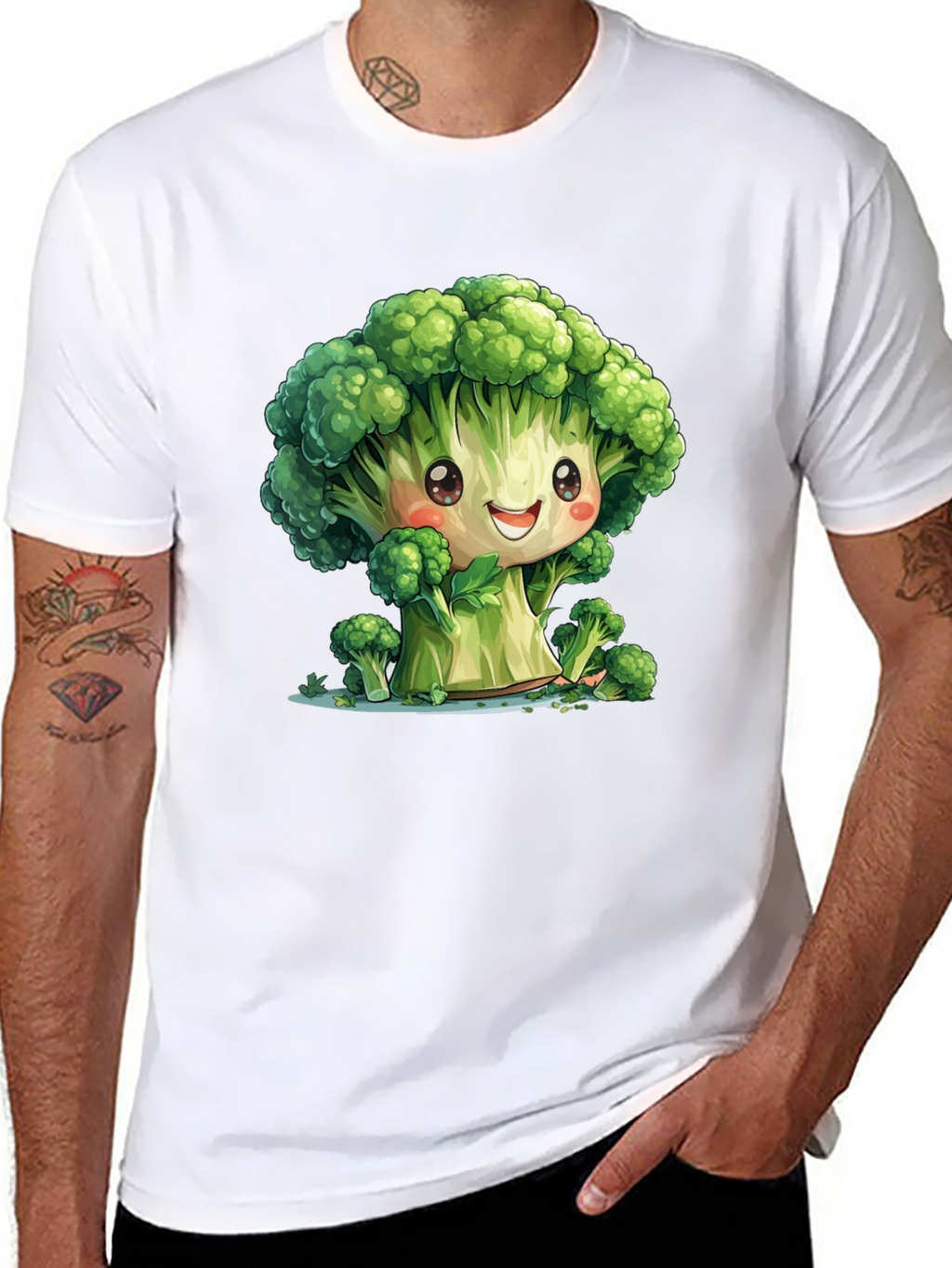Cute Broccoli Cartoon Black T-Shirt