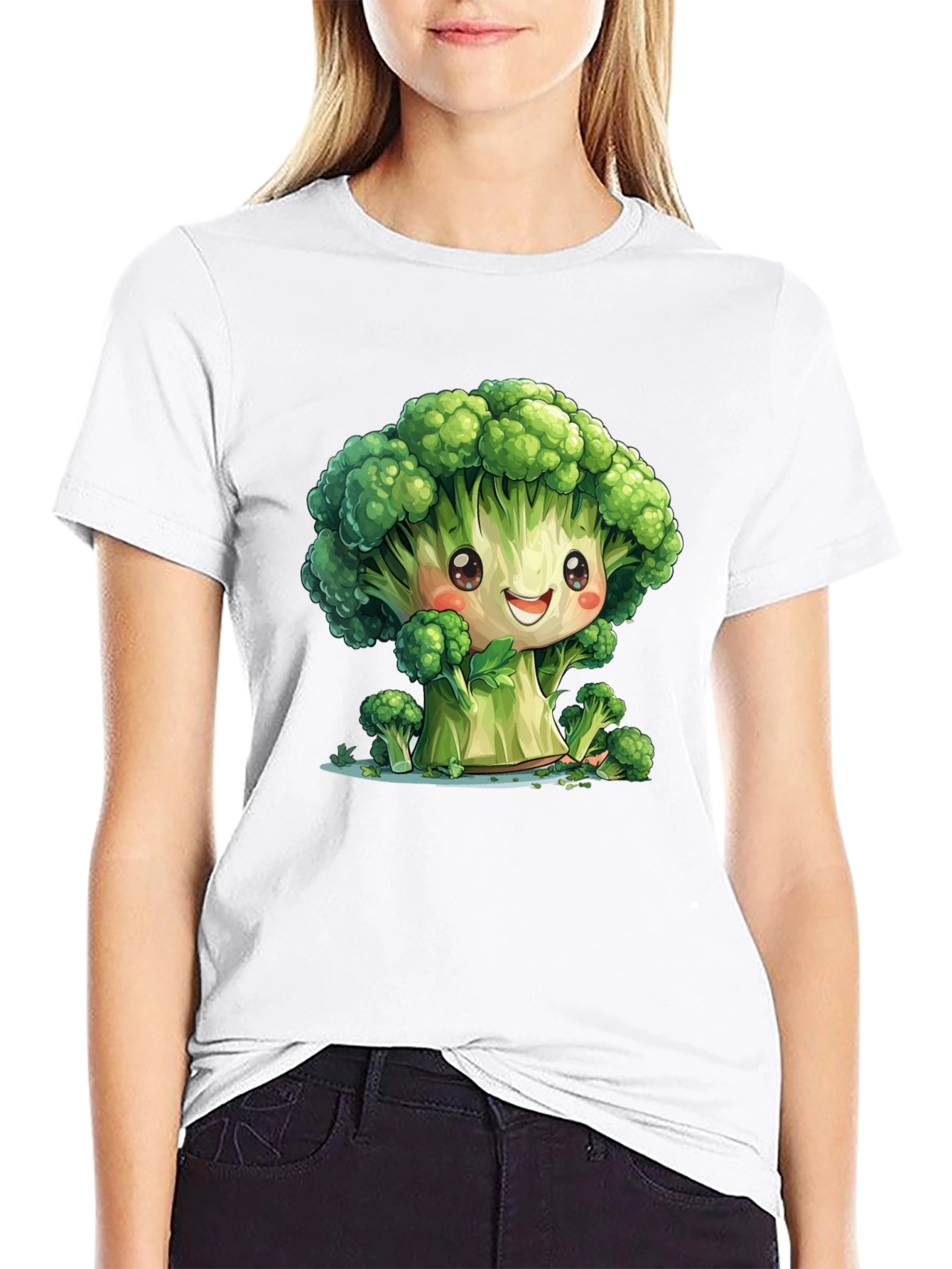 Cute Broccoli Cartoon Black T-Shirt