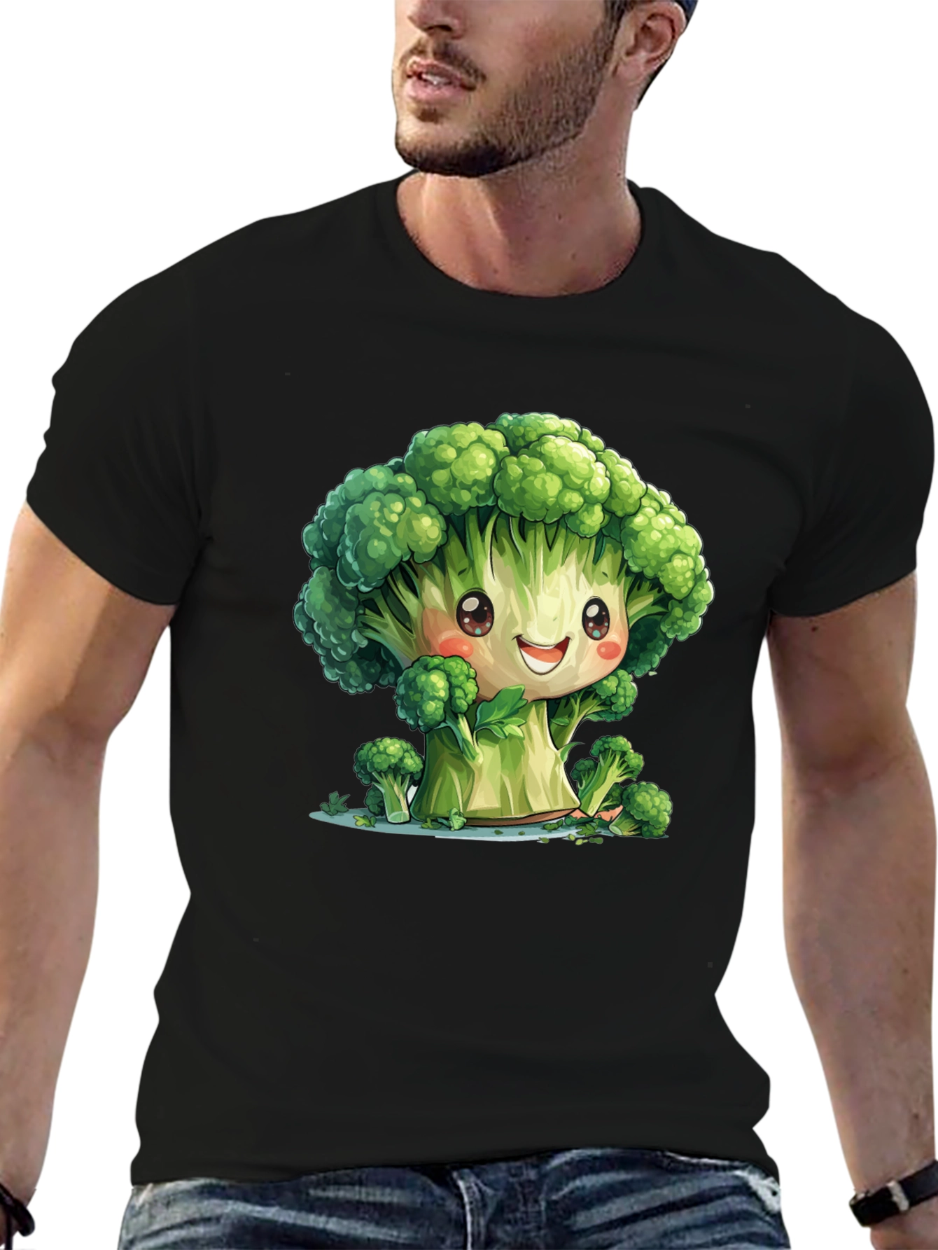 Cute Broccoli Cartoon Black T-Shirt