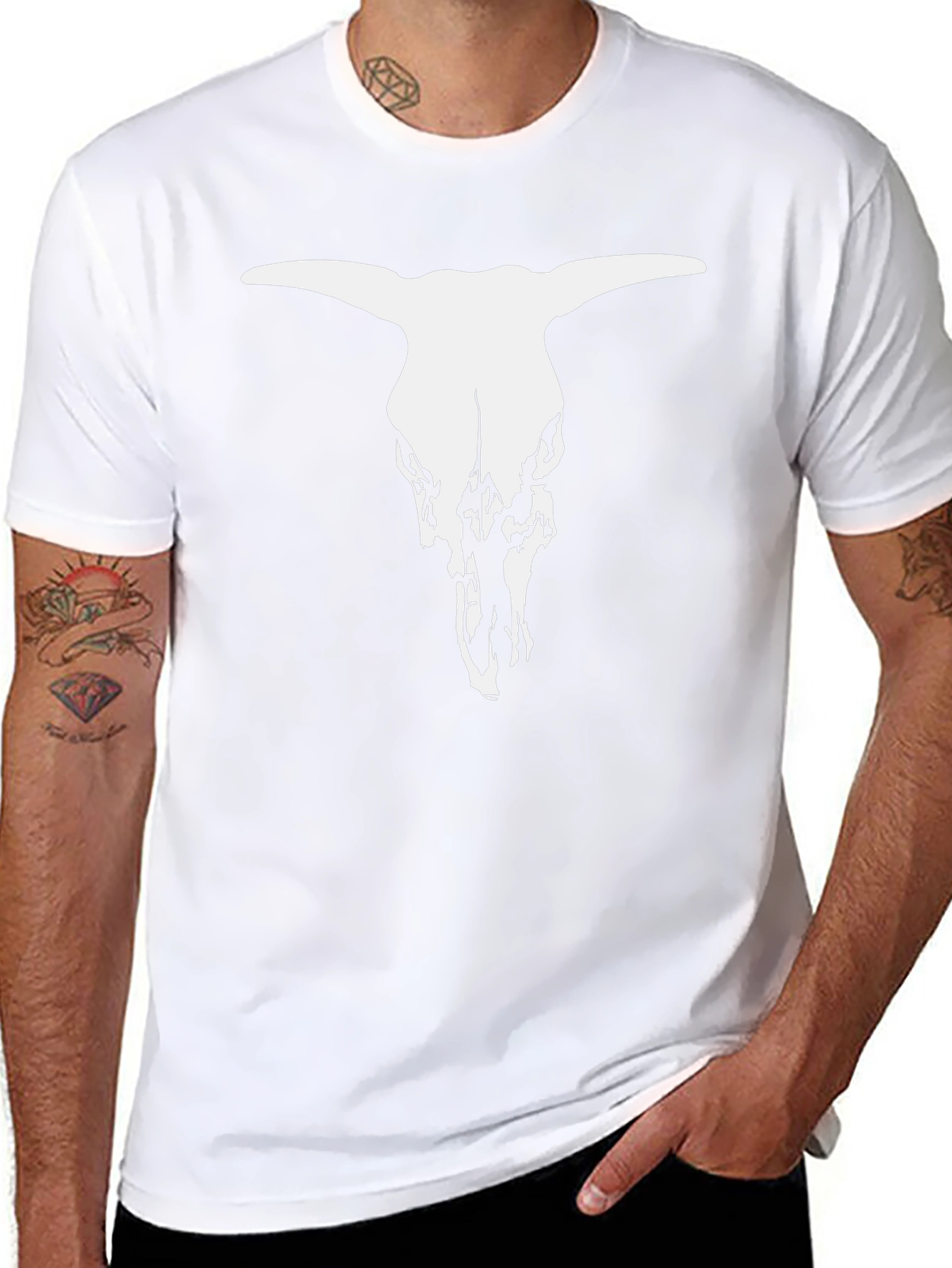 Black T-Shirt with White Bull Skull Graphic