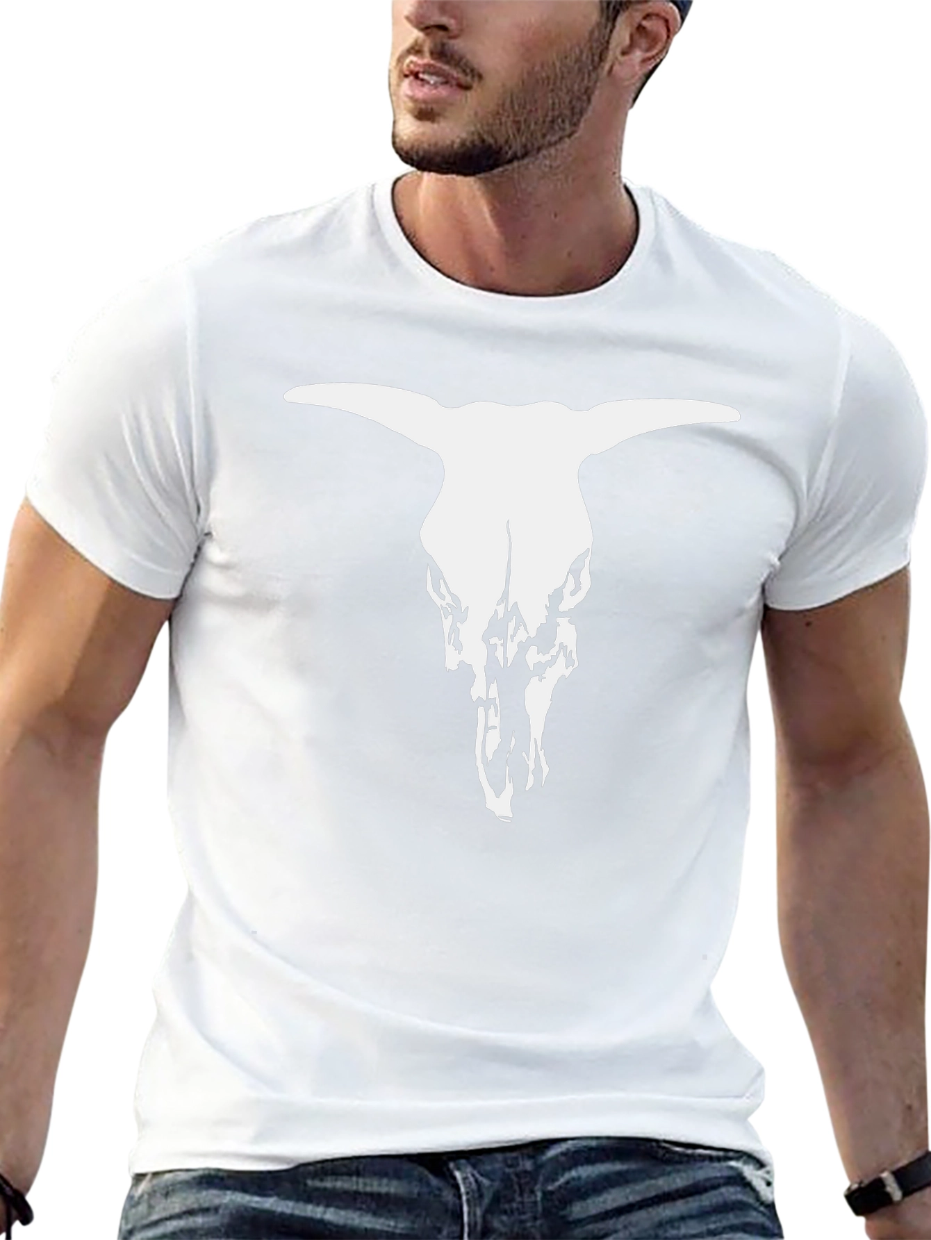 Black T-Shirt with White Bull Skull Graphic