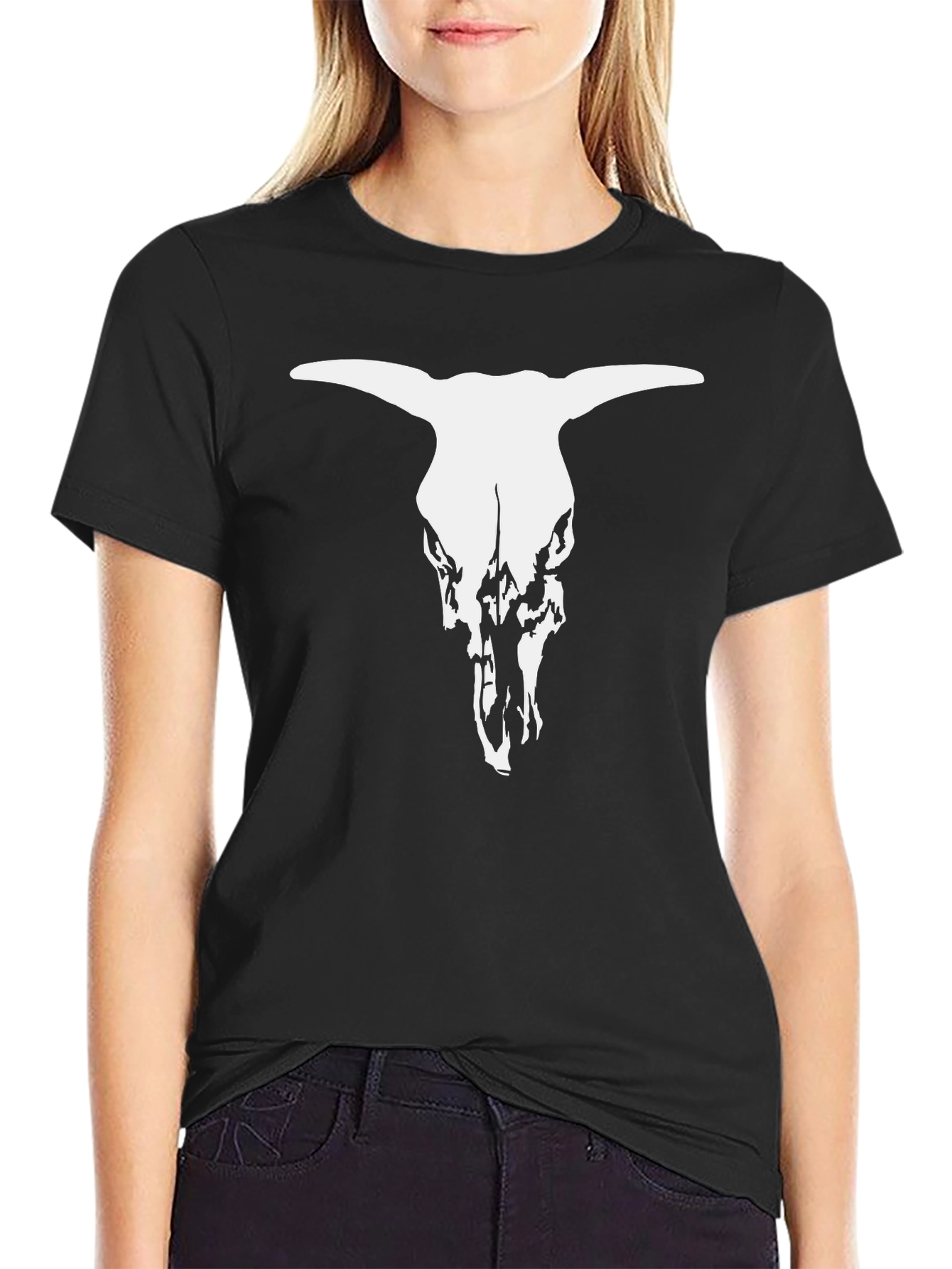 Black T-Shirt with White Bull Skull Graphic