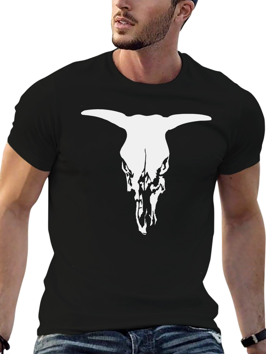 Black T-Shirt with White Bull Skull Graphic