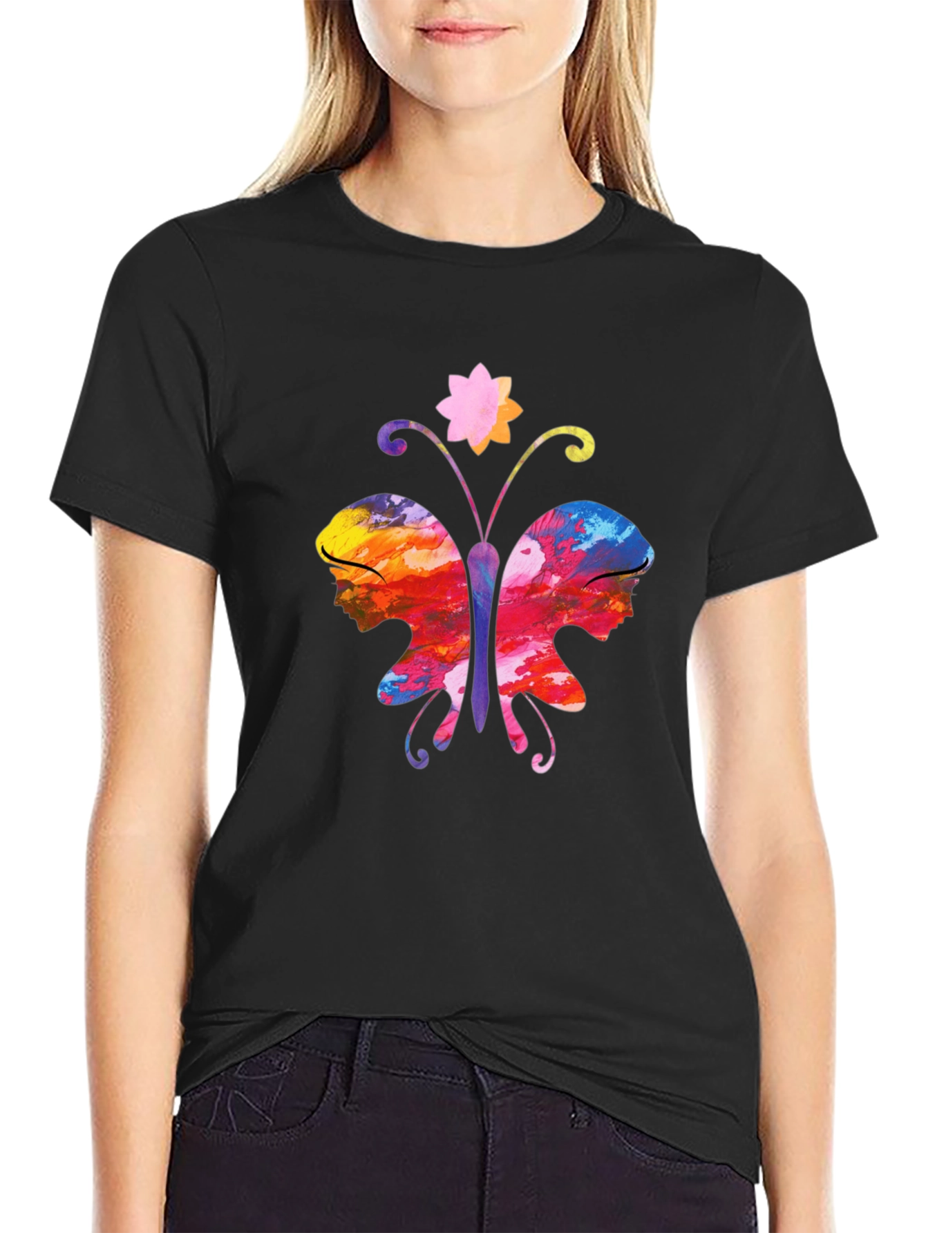 Butterfly Faces Graphic T-Shirt - Black