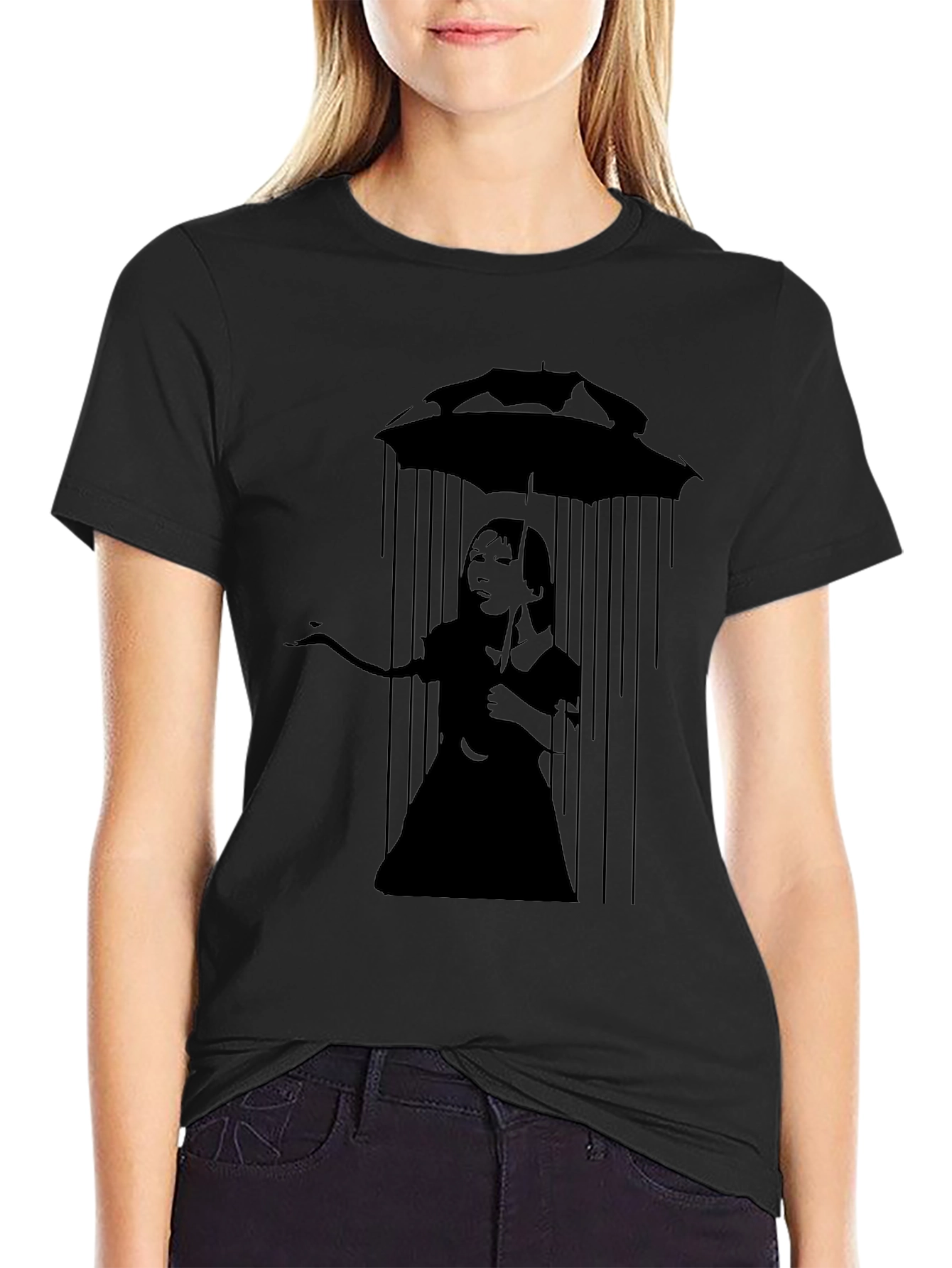 Banksy Inspired Girl with Umbrella Black T-Shirt