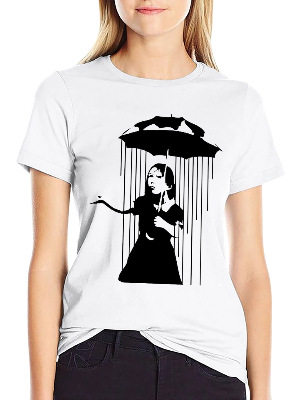 Banksy Inspired Girl with Umbrella Black T-Shirt