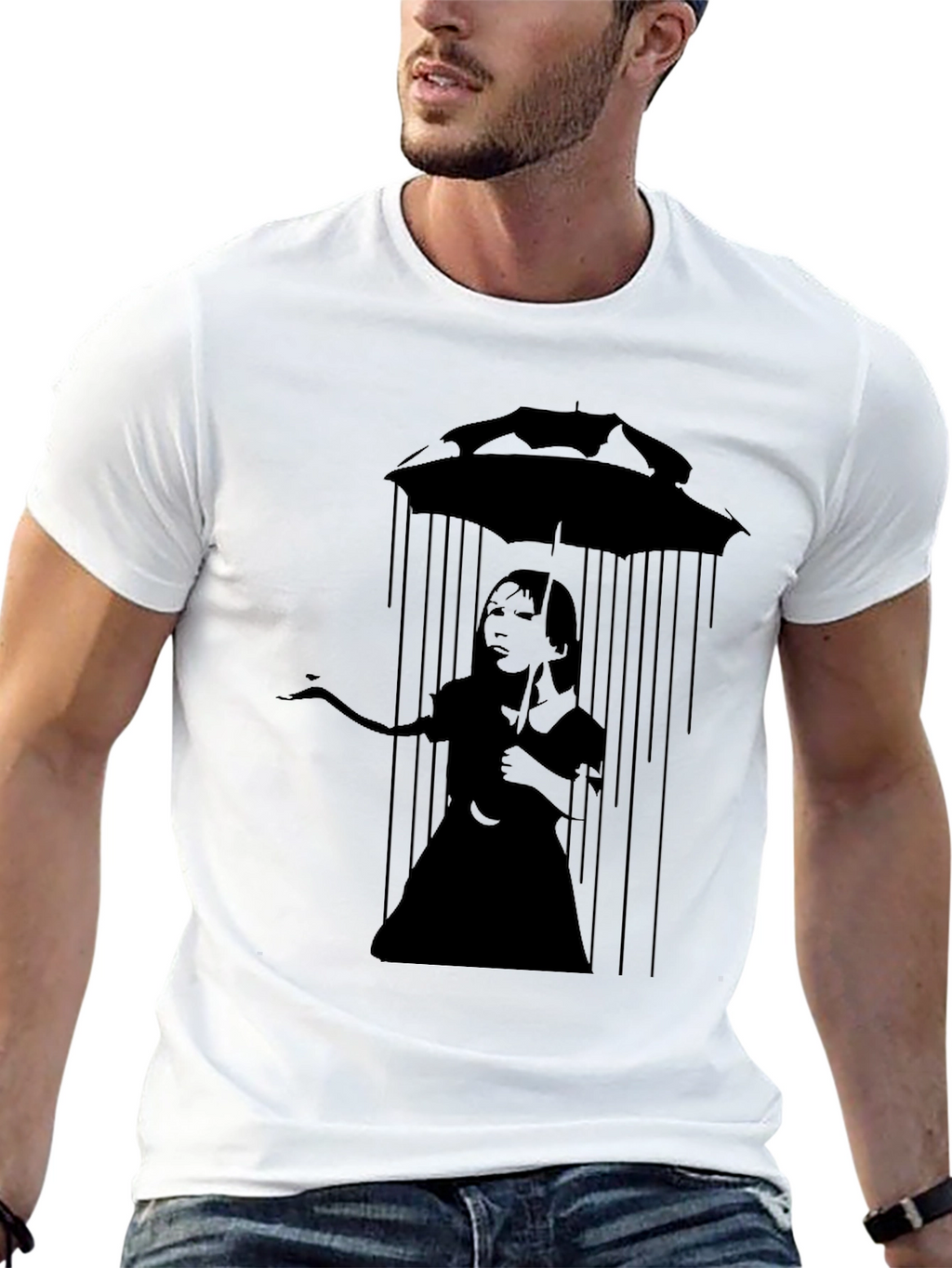 Banksy Inspired Girl with Umbrella Black T-Shirt