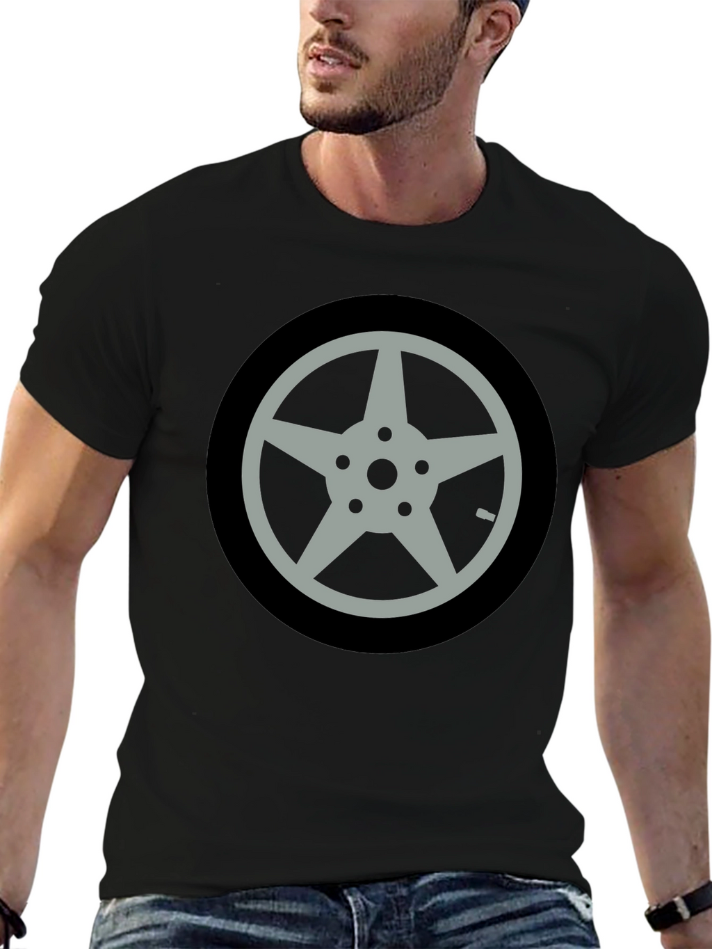 Black T-Shirt with Car Wheel Graphic