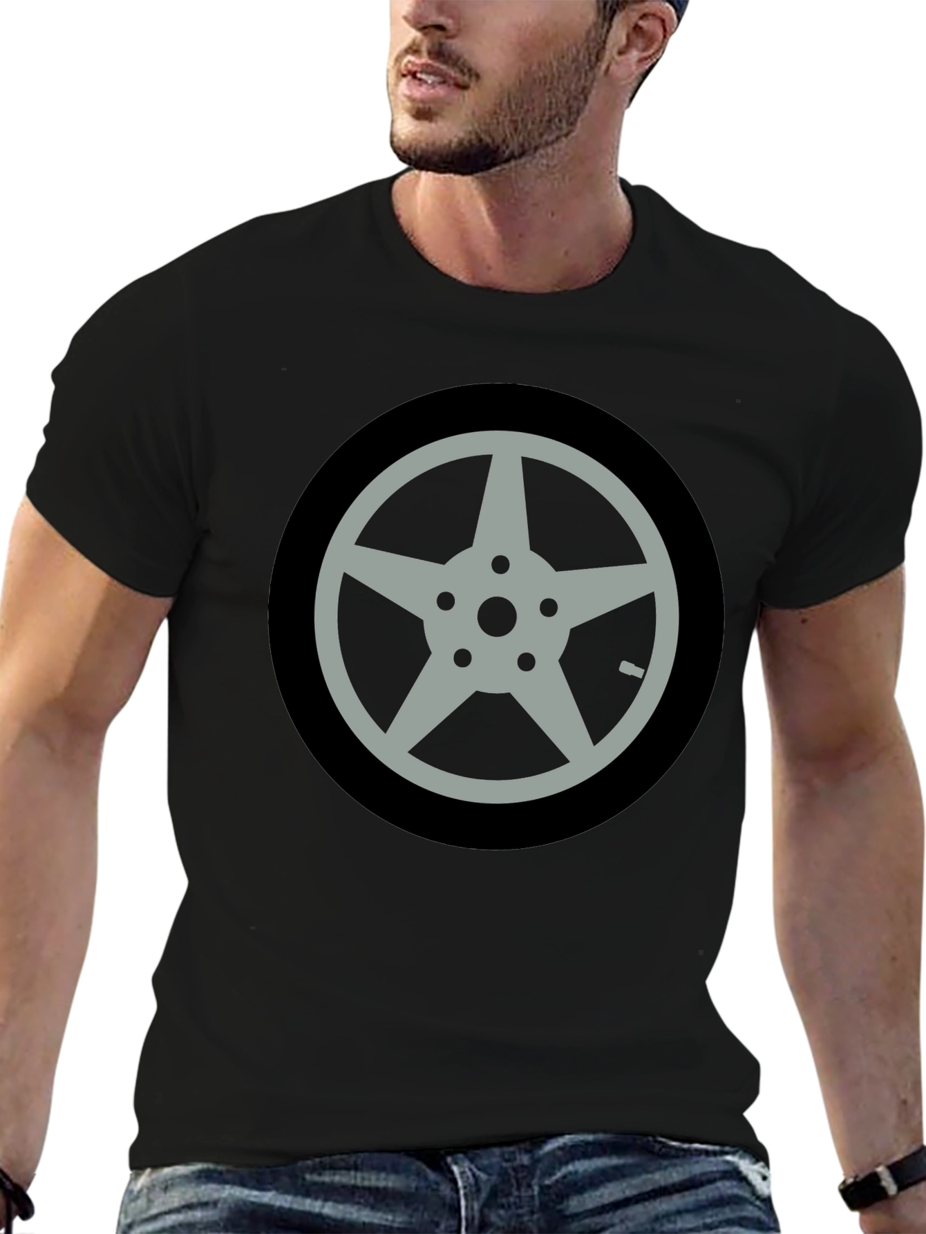 Black T-Shirt with Car Wheel Graphic