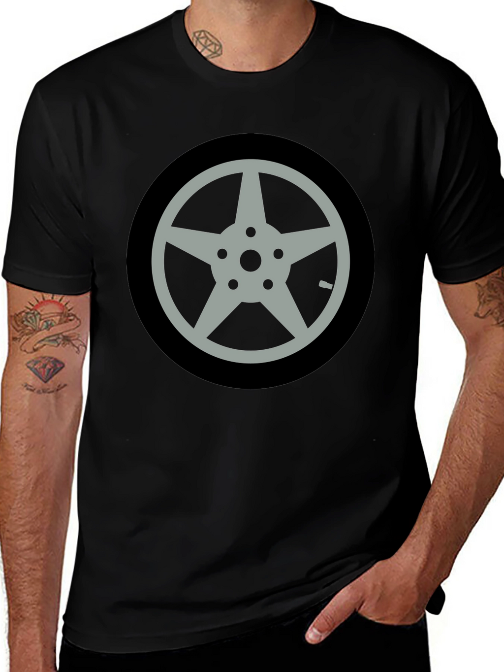 Black T-Shirt with Car Wheel Graphic