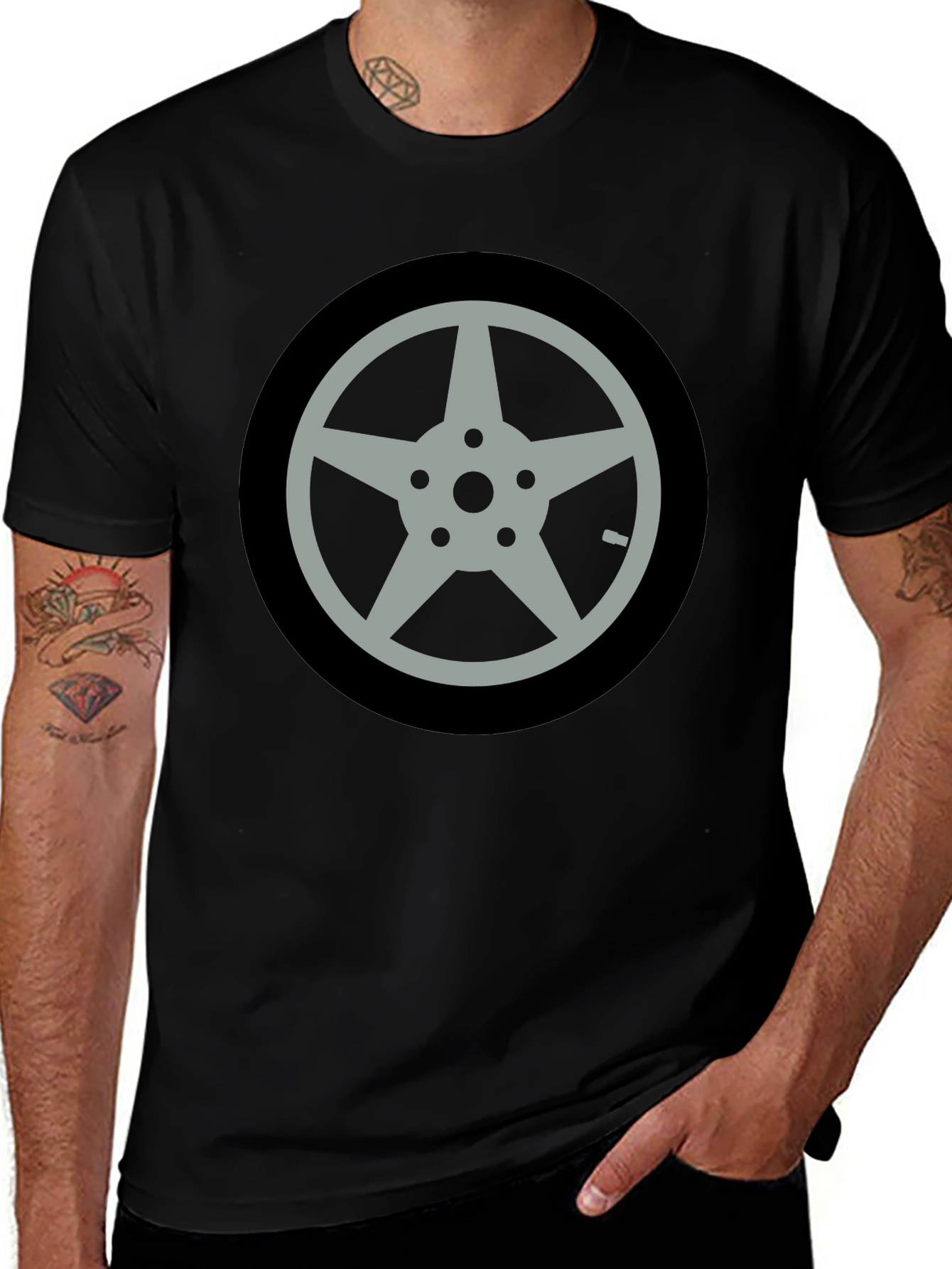 Black T-Shirt with Car Wheel Graphic