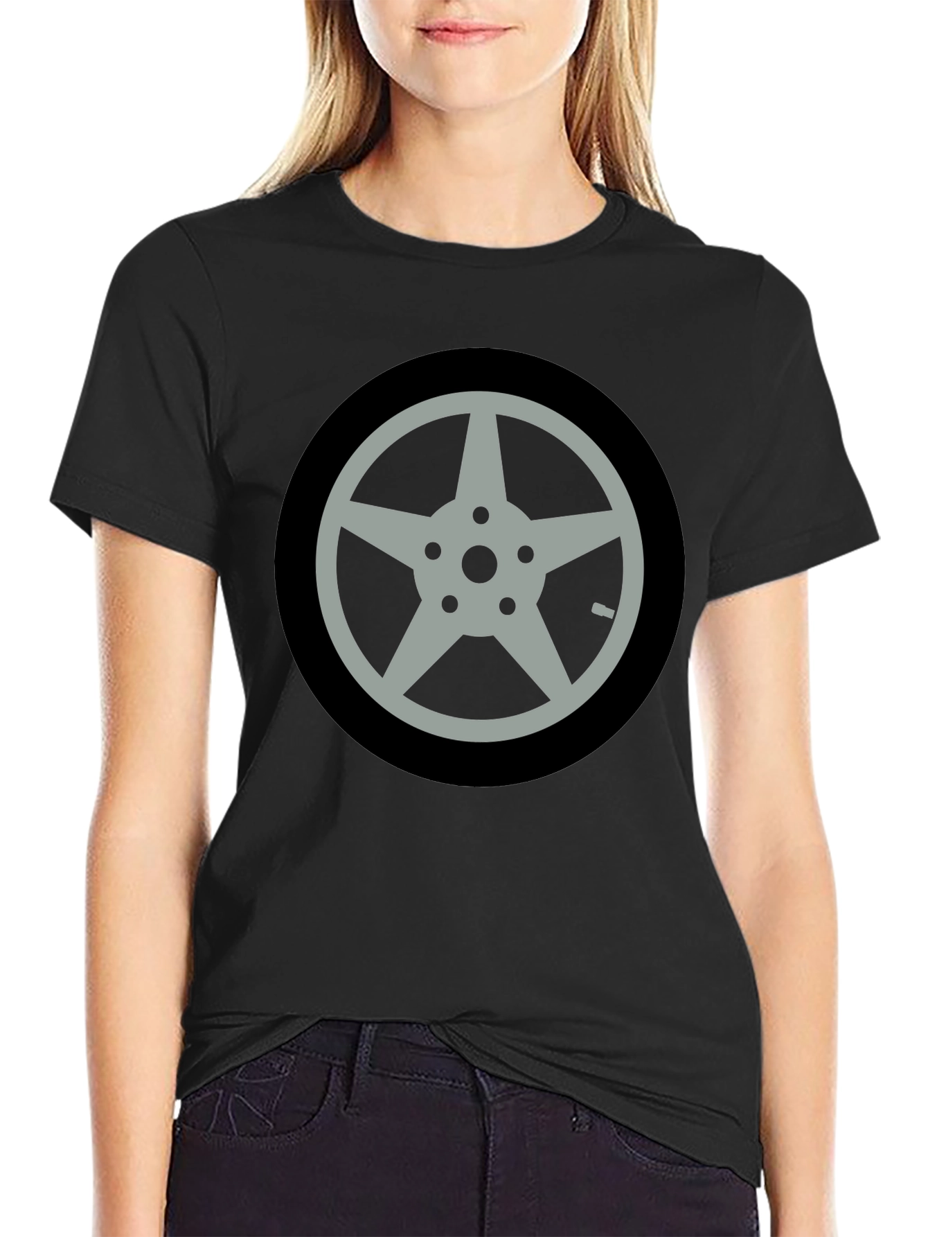 Black T-Shirt with Car Wheel Graphic