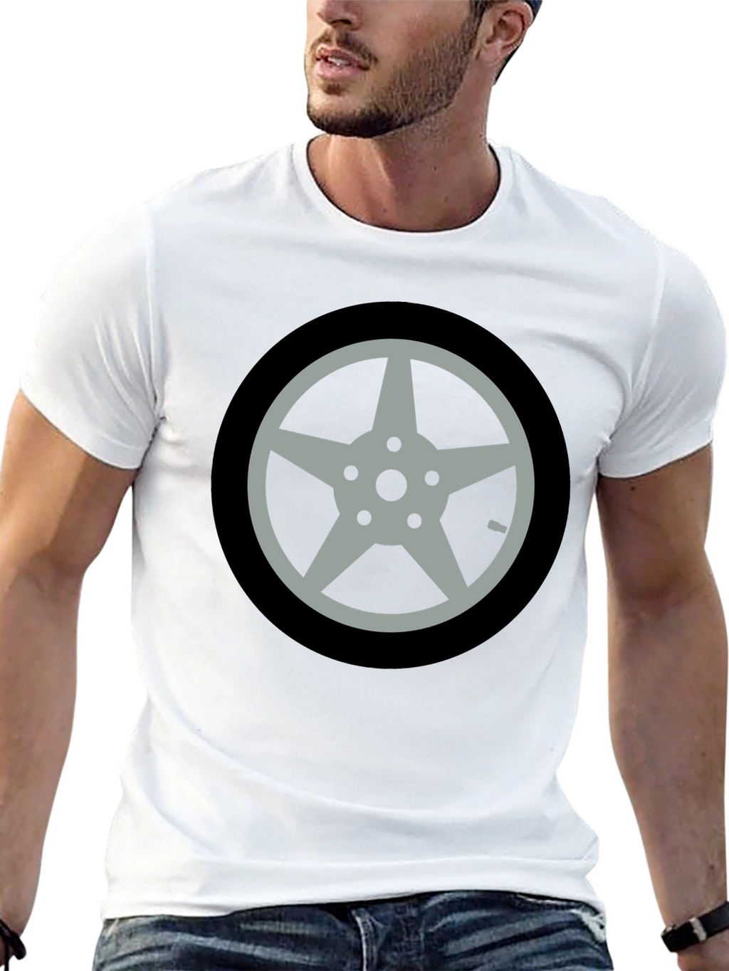 Black T-Shirt with Car Wheel Graphic