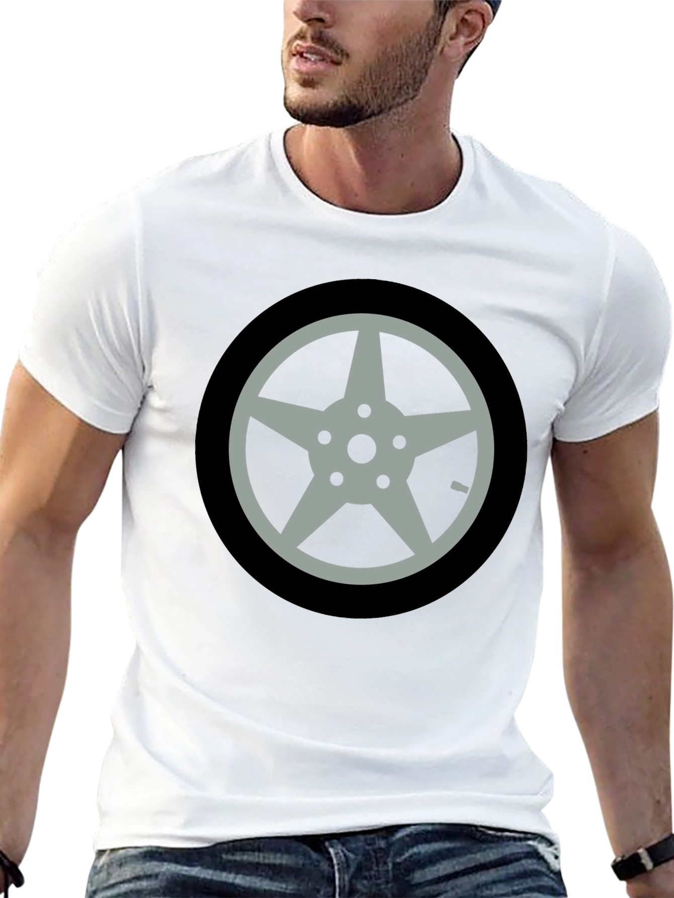 Black T-Shirt with Car Wheel Graphic