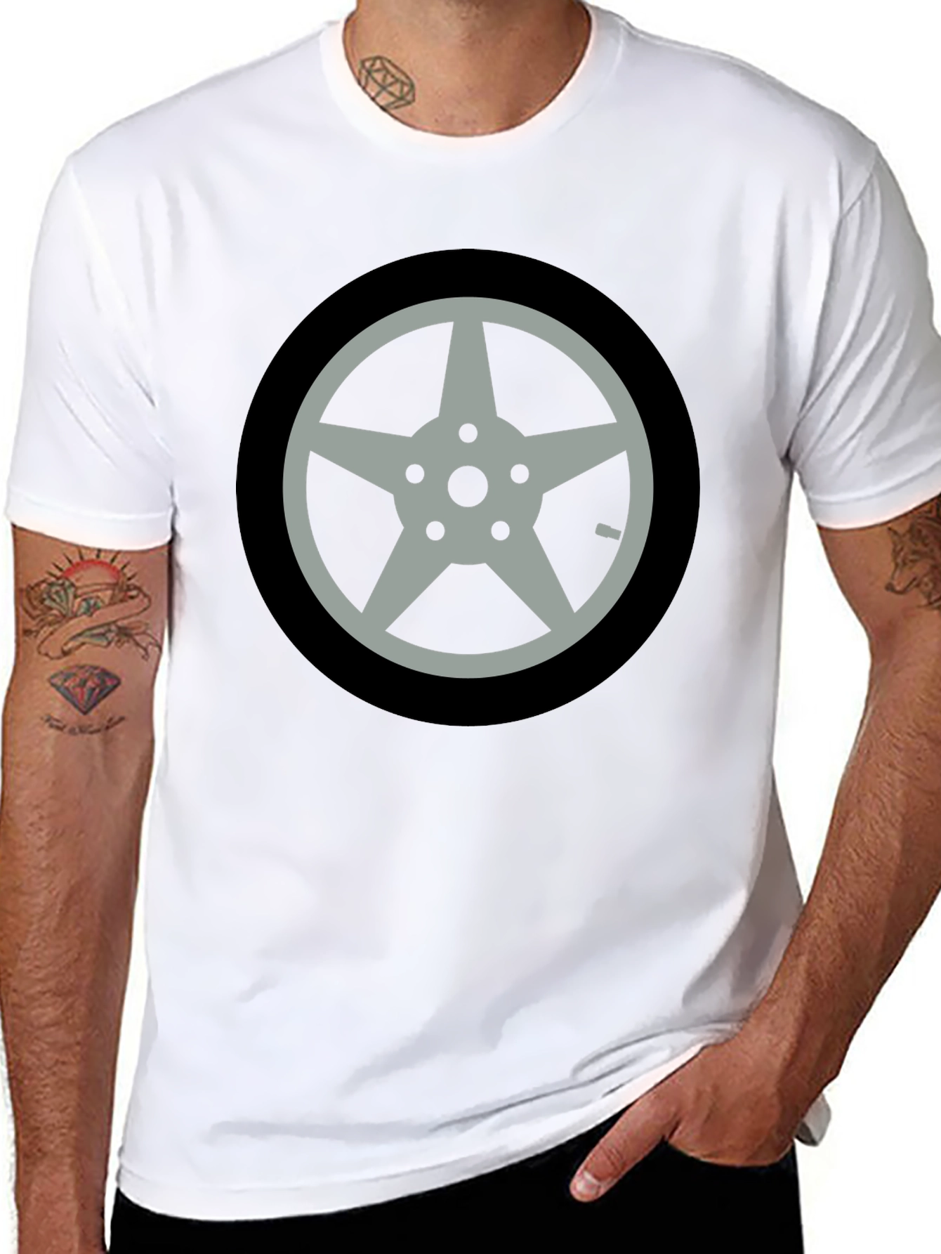 Black T-Shirt with Car Wheel Graphic