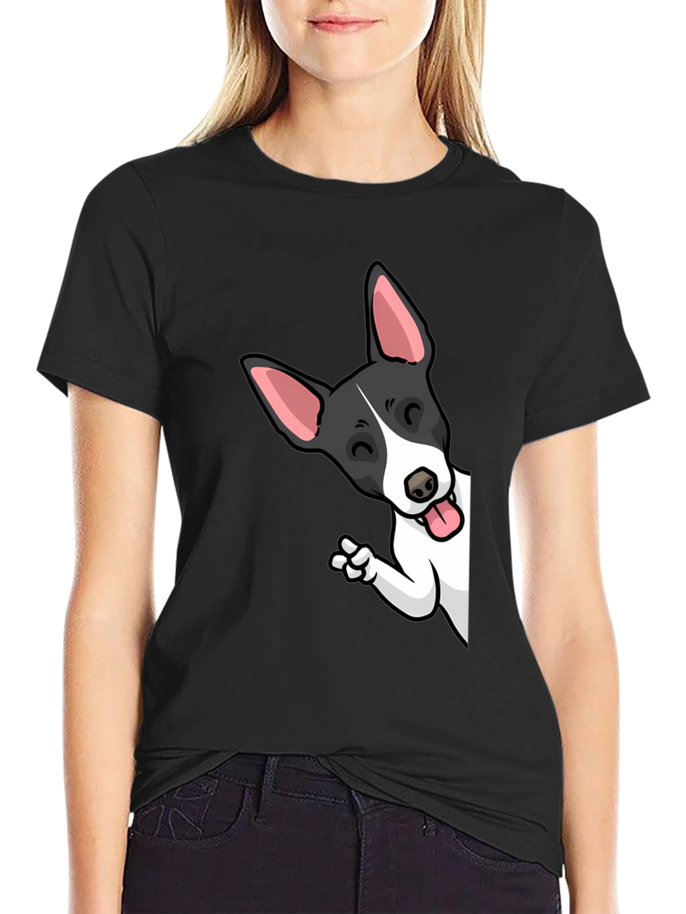 Cartoon Dog Peek-a-Boo Graphic Tee - Unisex Black T-Shirt