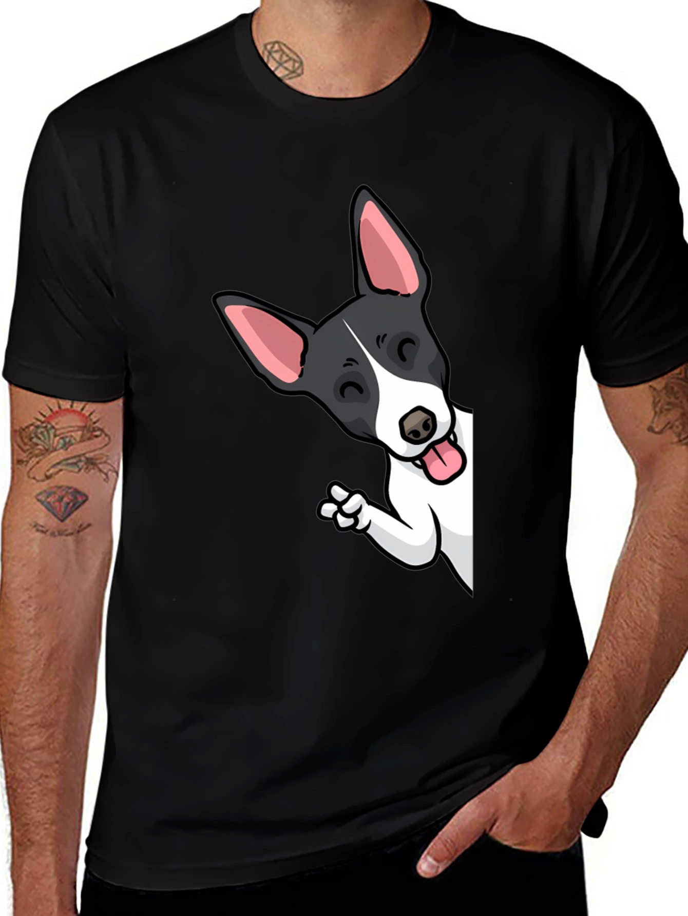 Cartoon Dog Peek-a-Boo Graphic Tee - Unisex Black T-Shirt