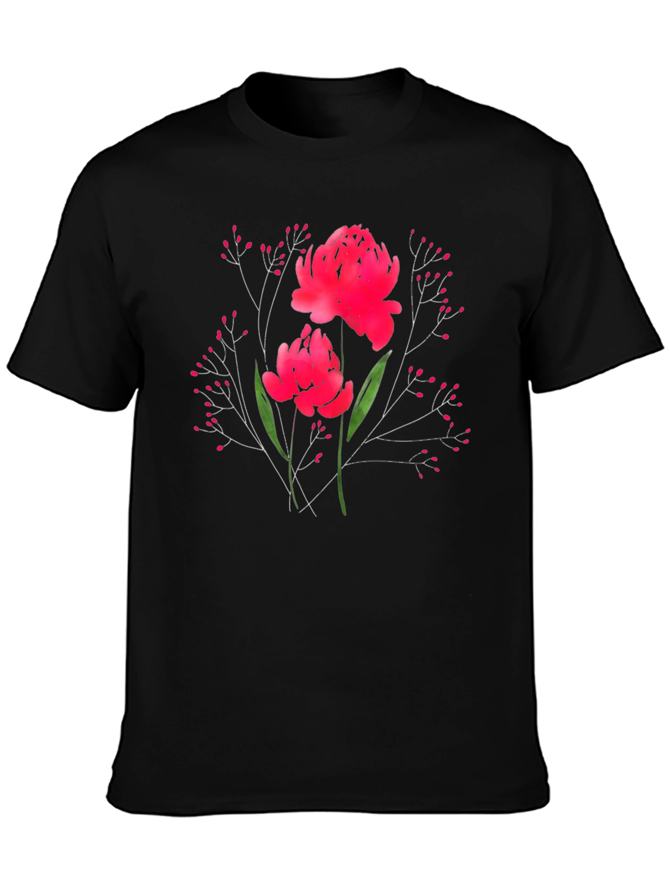 Floral Print T-Shirt - Vibrant Red Blossoms