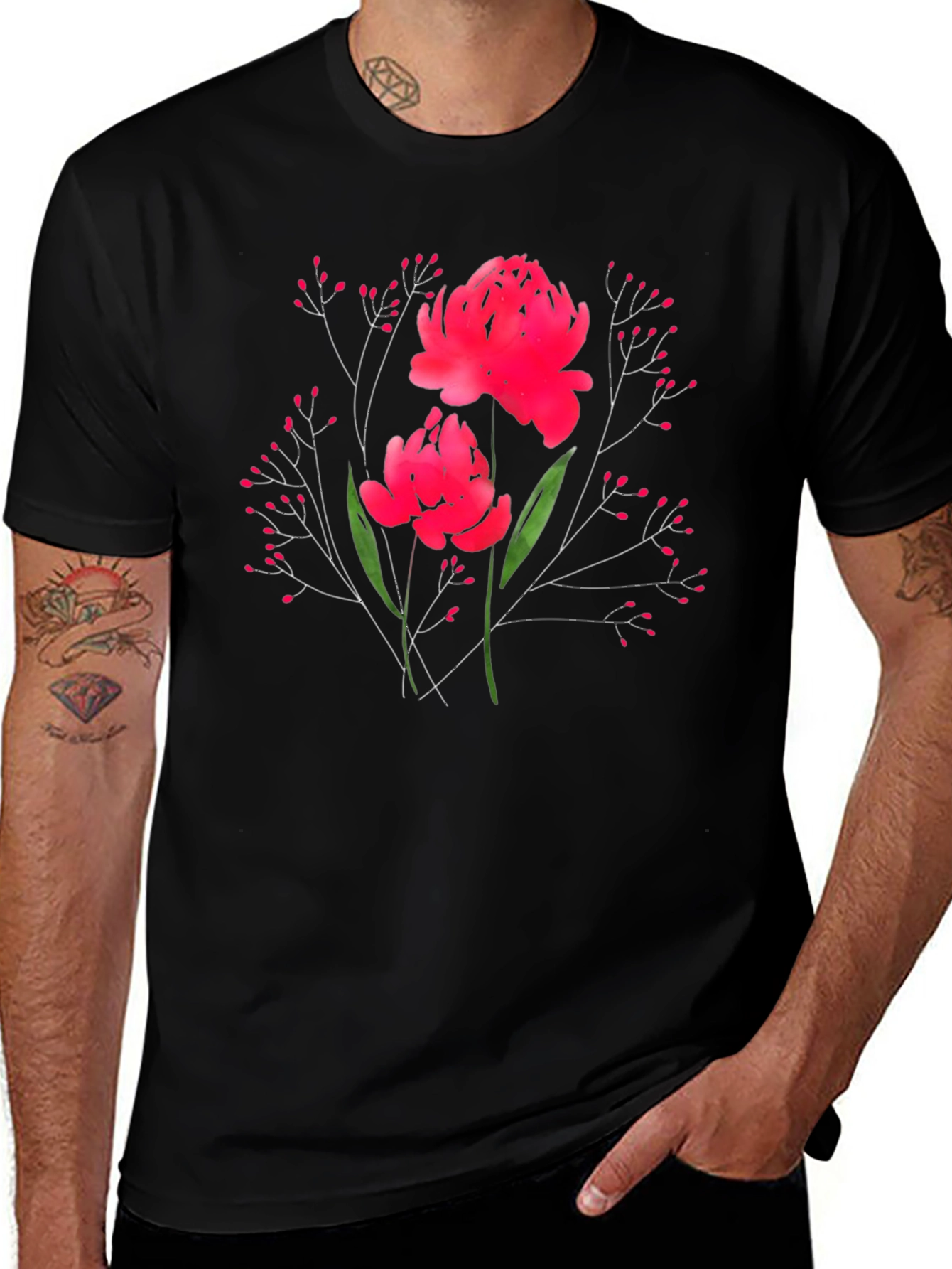 Floral Print T-Shirt - Vibrant Red Blossoms
