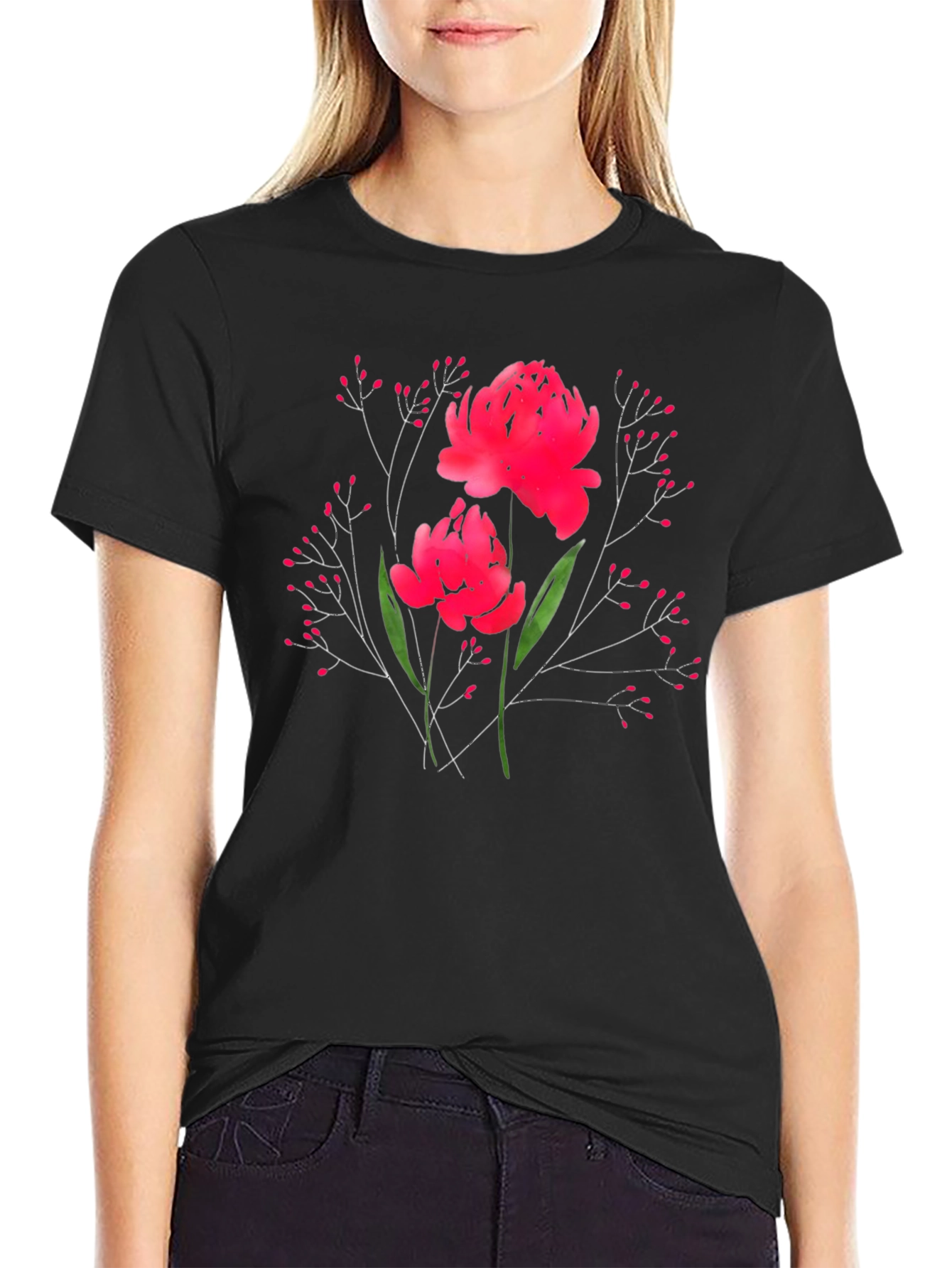 Floral Print T-Shirt - Vibrant Red Blossoms