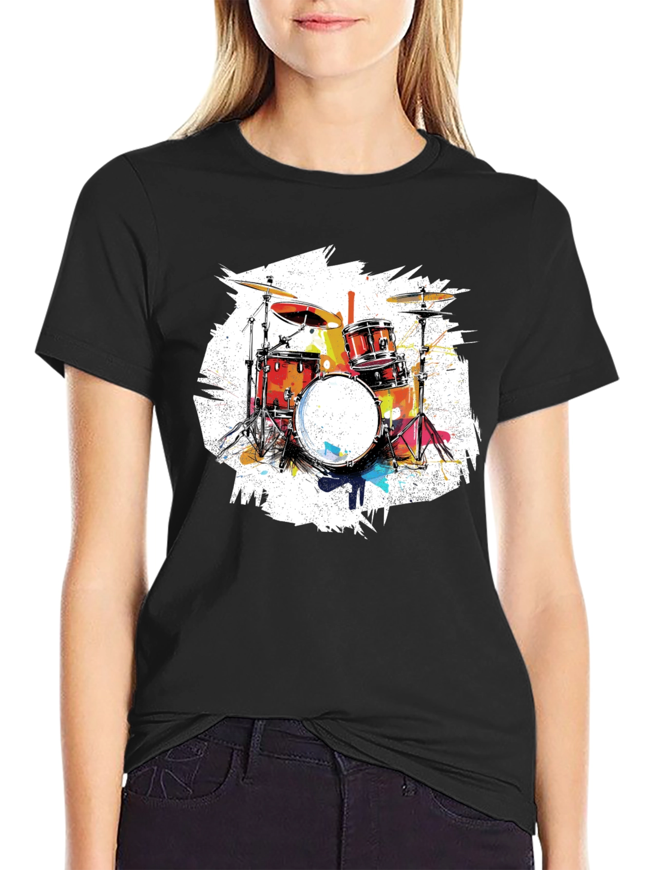 Drum Set Graphic Tee - Black Cotton T-Shirt
