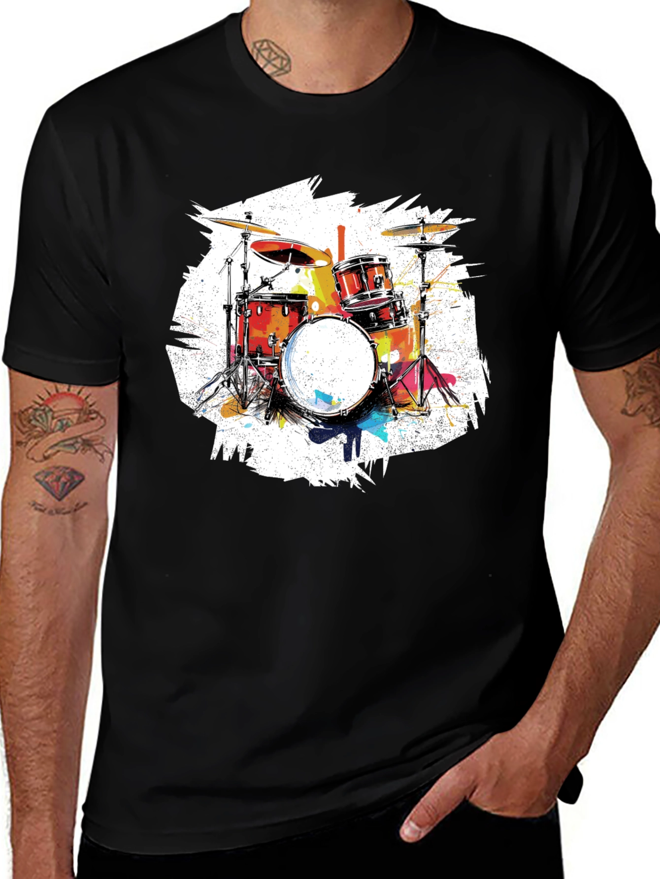 Drum Set Graphic Tee - Black Cotton T-Shirt