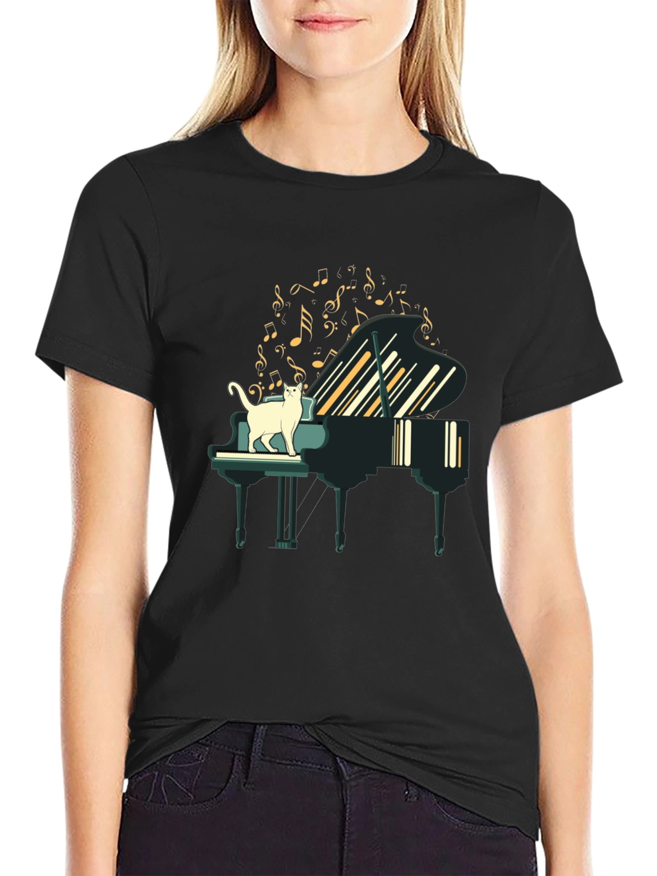 Cat on Piano T-Shirt - Musical Feline Fun